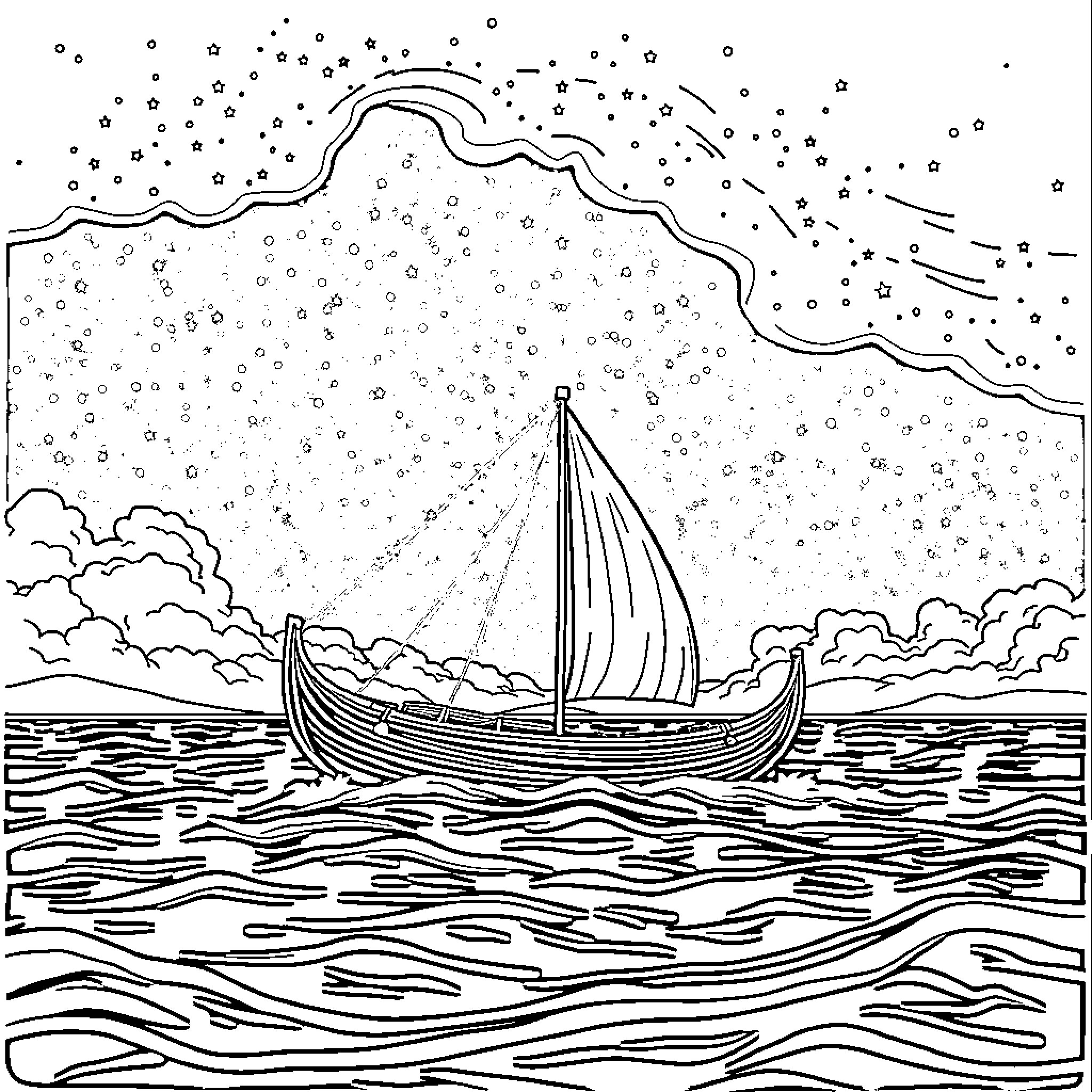 Canoe sailing through the stormy night sea Coloring Page (free black-and-white line drawing printable PDF for all, from beginners to advanced learners, including children, teens, adults, and seniors)