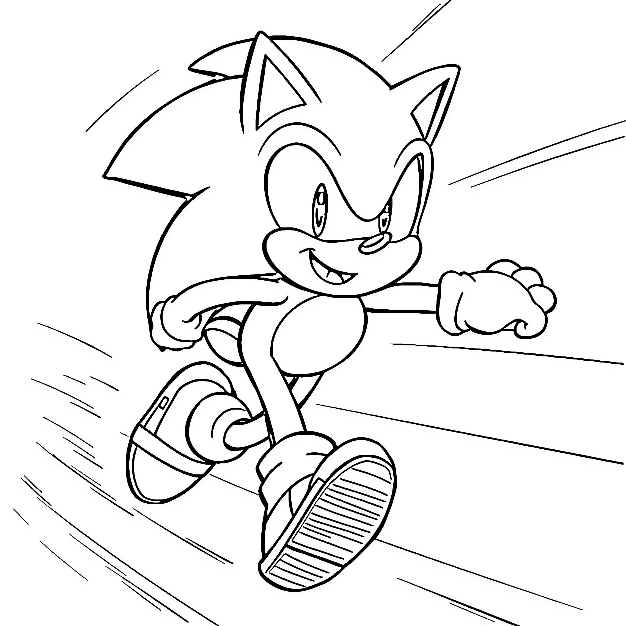 Sonic speeding through a stylized environment Coloring Page (free black-and-white line drawing printable PDF for all, from beginners to advanced learners, including children, teens, adults, and seniors)