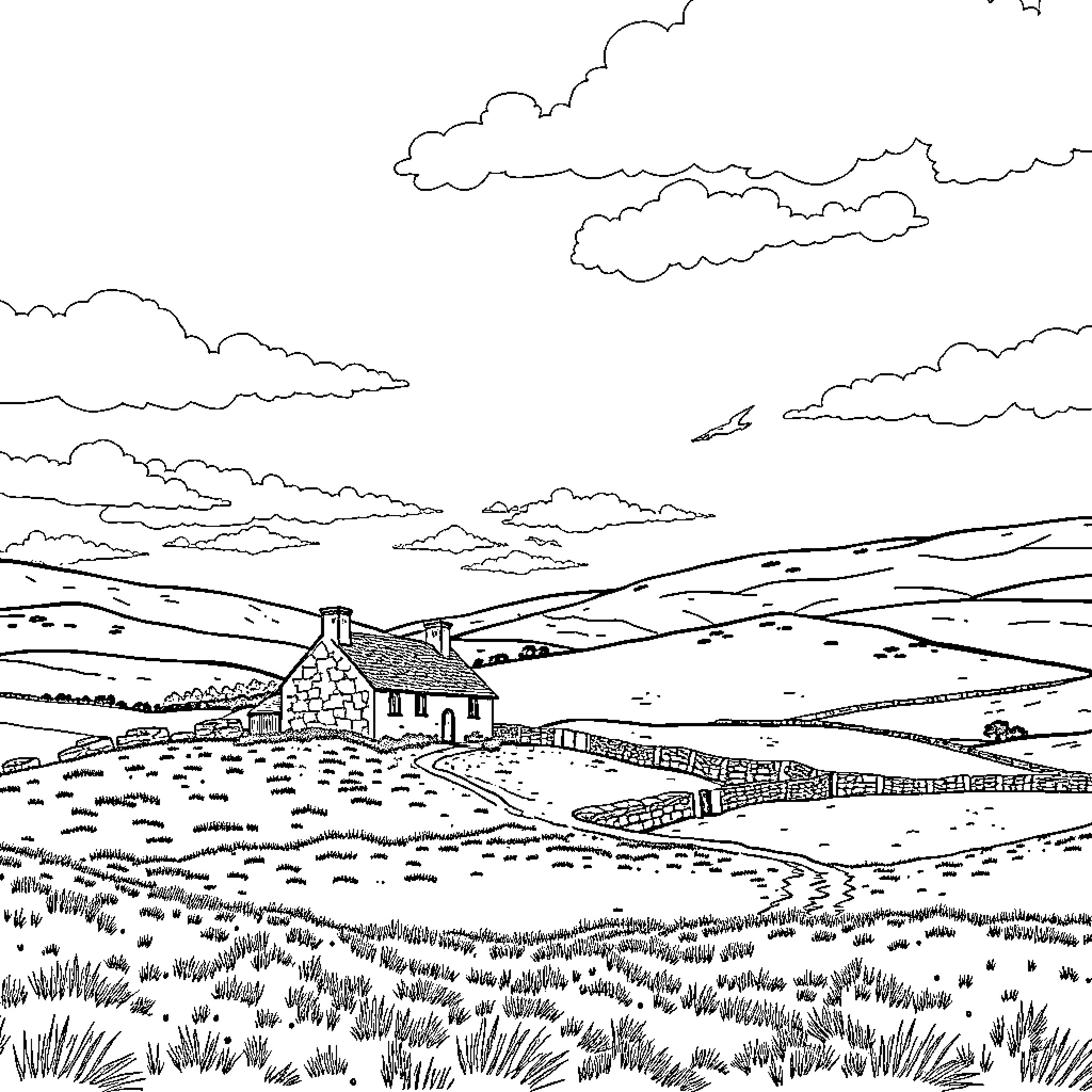 Ireland Idyllic Countryside Landscape with Cottage Coloring Page (free black-and-white line drawing printable PDF for all, from beginners to advanced learners, including children, teens, adults, and seniors)