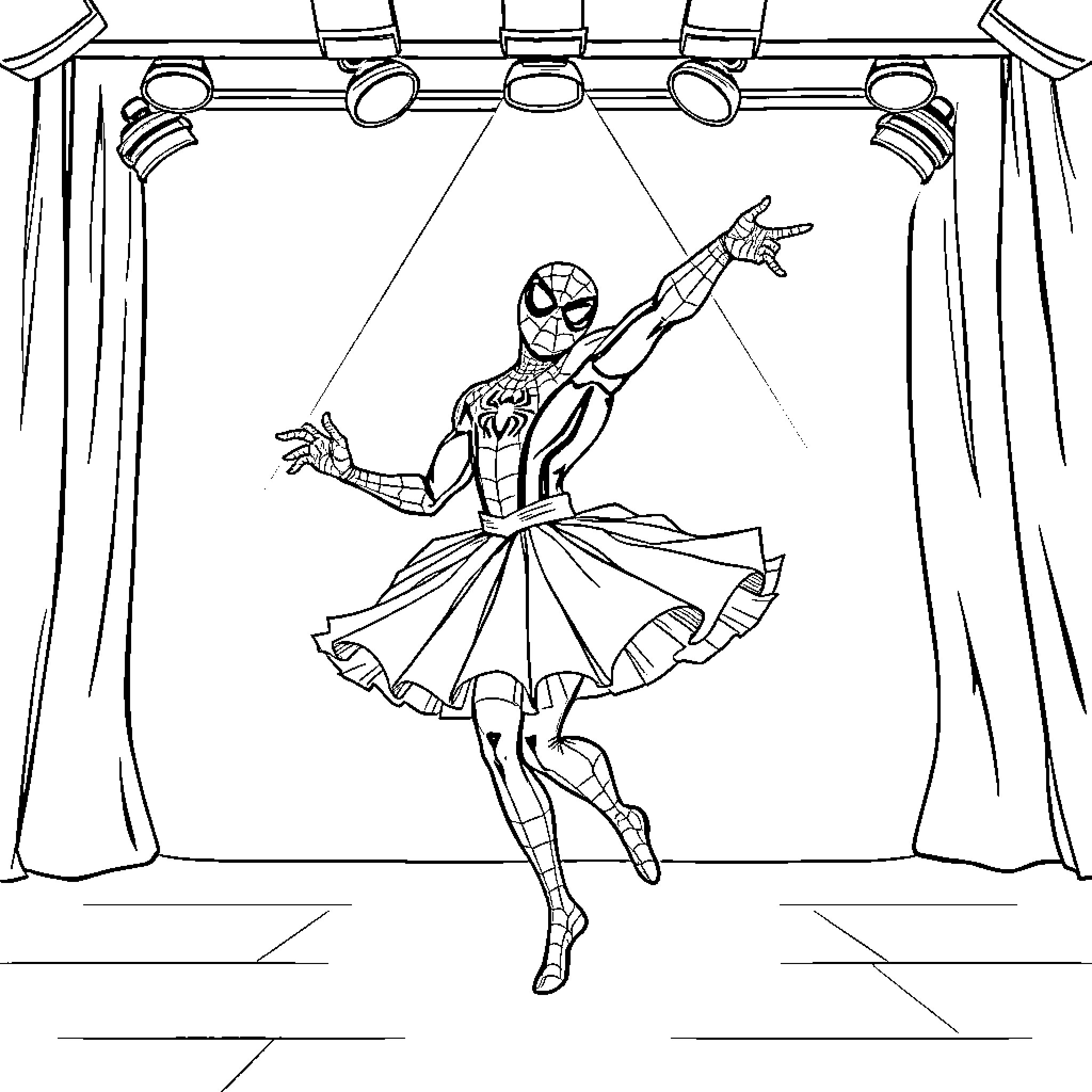 Spiderman performing ballet on stage Coloring Page (free black-and-white line drawing printable PDF for all, from beginners to advanced learners, including children, teens, adults, and seniors)