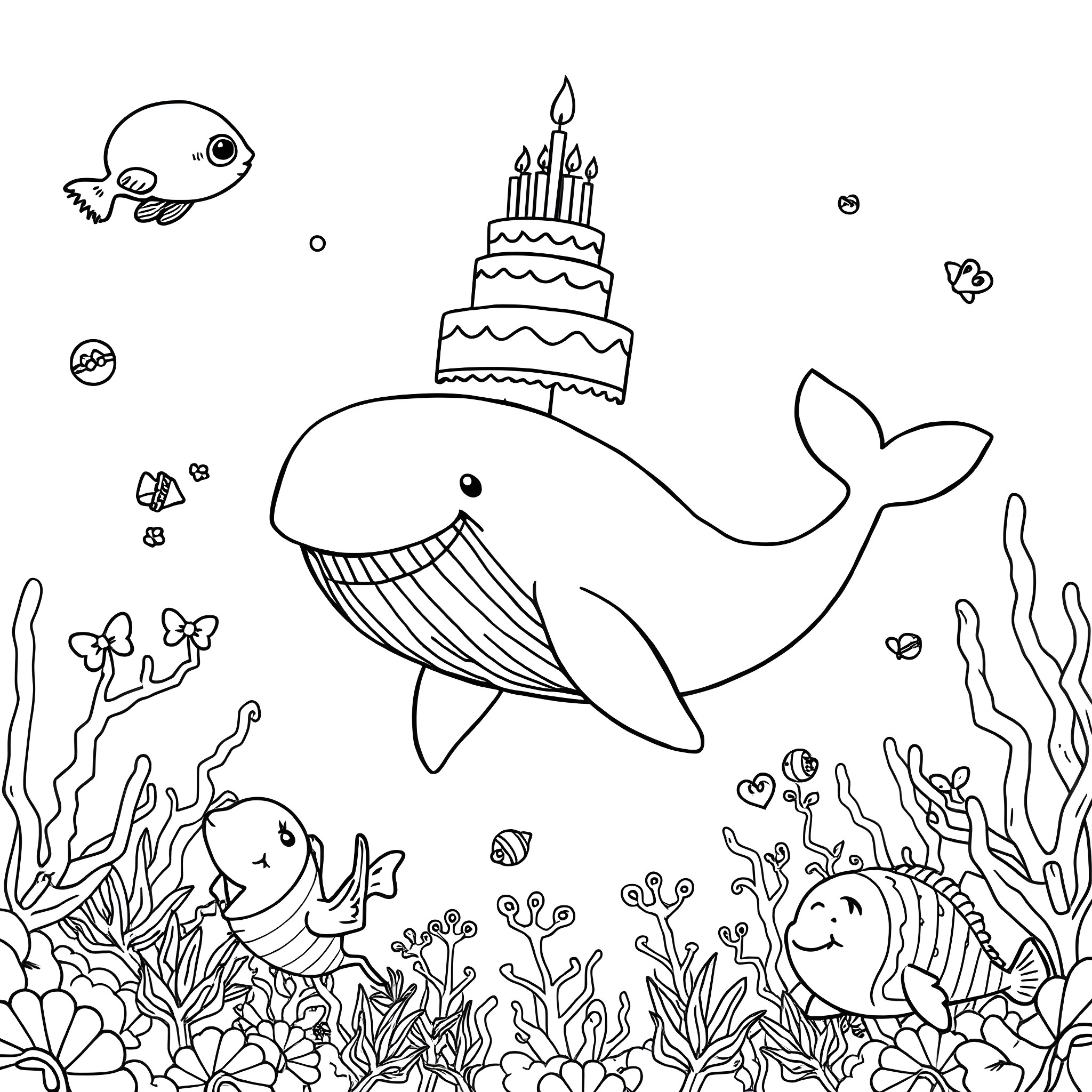 Whales celebrating a birthday under the sea Coloring Page (free black-and-white line drawing printable PDF for all, from beginners to advanced learners, including children, teens, adults, and seniors)