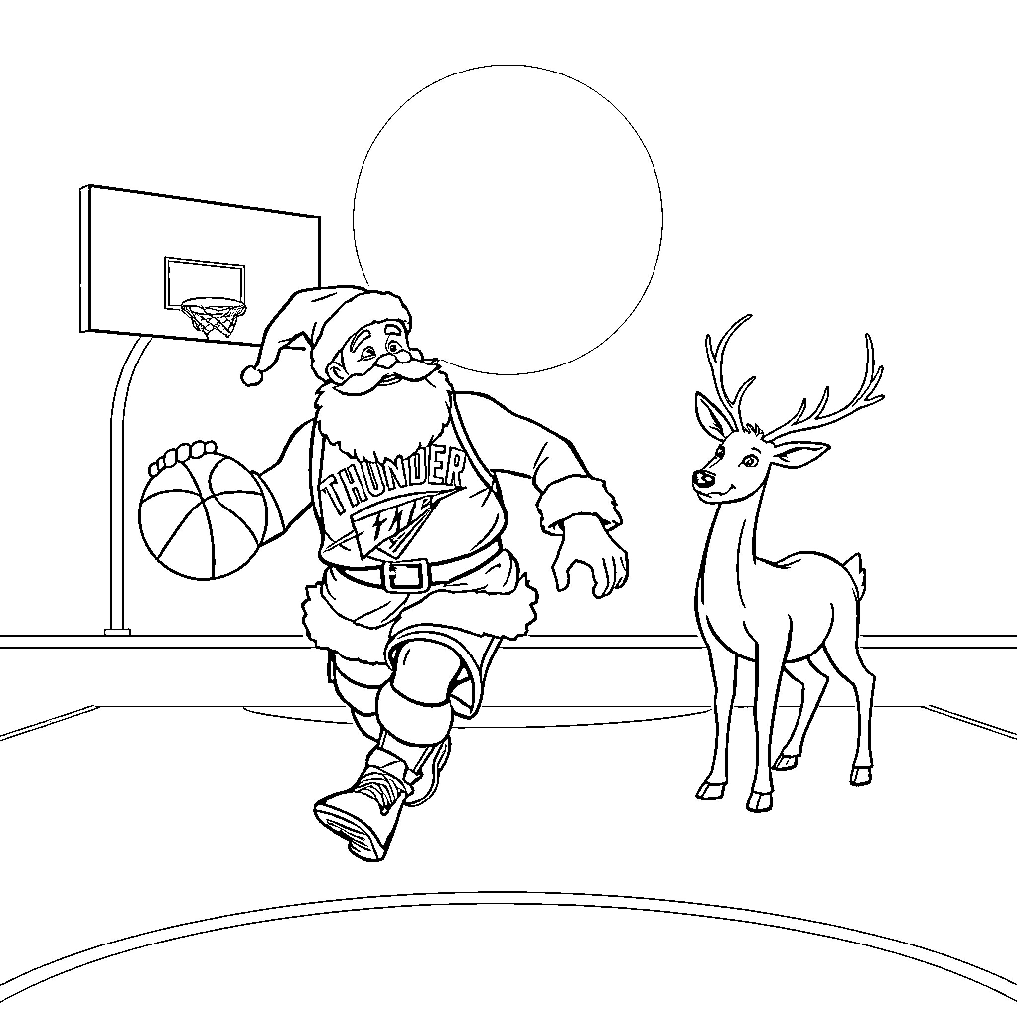 Santa playing basketball with a deer Coloring Page (free black-and-white line drawing printable PDF for all, from beginners to advanced learners, including children, teens, adults, and seniors)