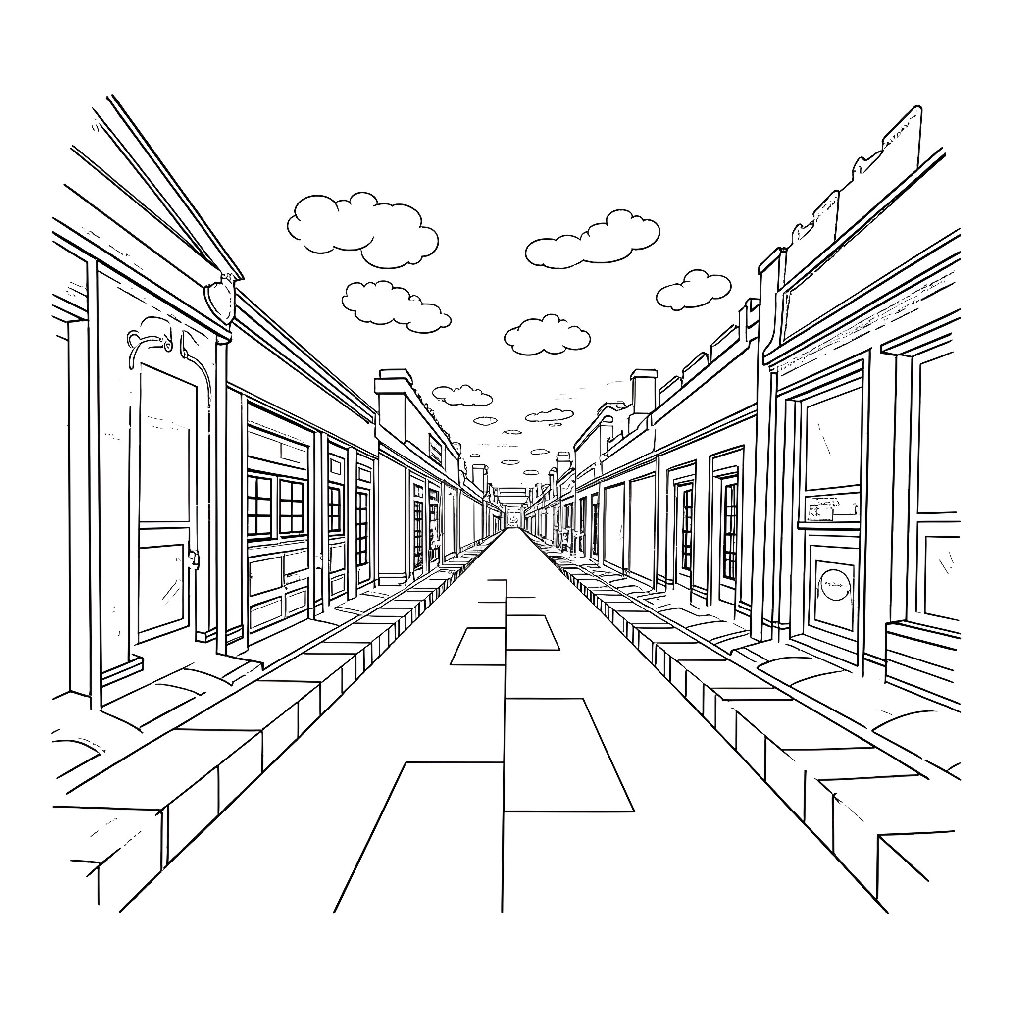 Historical Image of a Quaint Town Street Coloring Page (free black-and-white line drawing printable PDF for all, from beginners to advanced learners, including children, teens, adults, and seniors)
