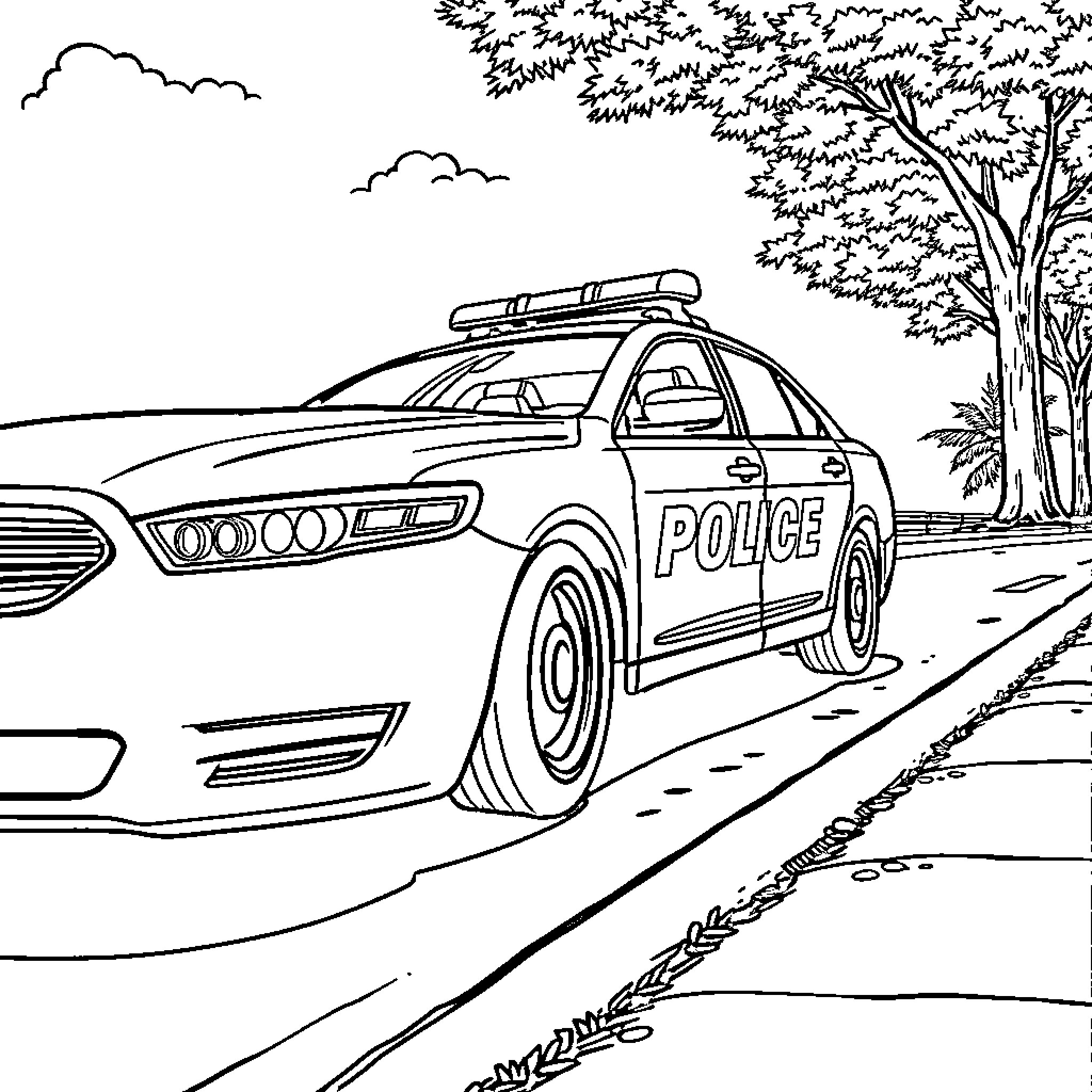 Police Car Patrolling on a Country Road Coloring Page (free black-and-white line drawing printable PDF for all, from beginners to advanced learners, including children, teens, adults, and seniors)