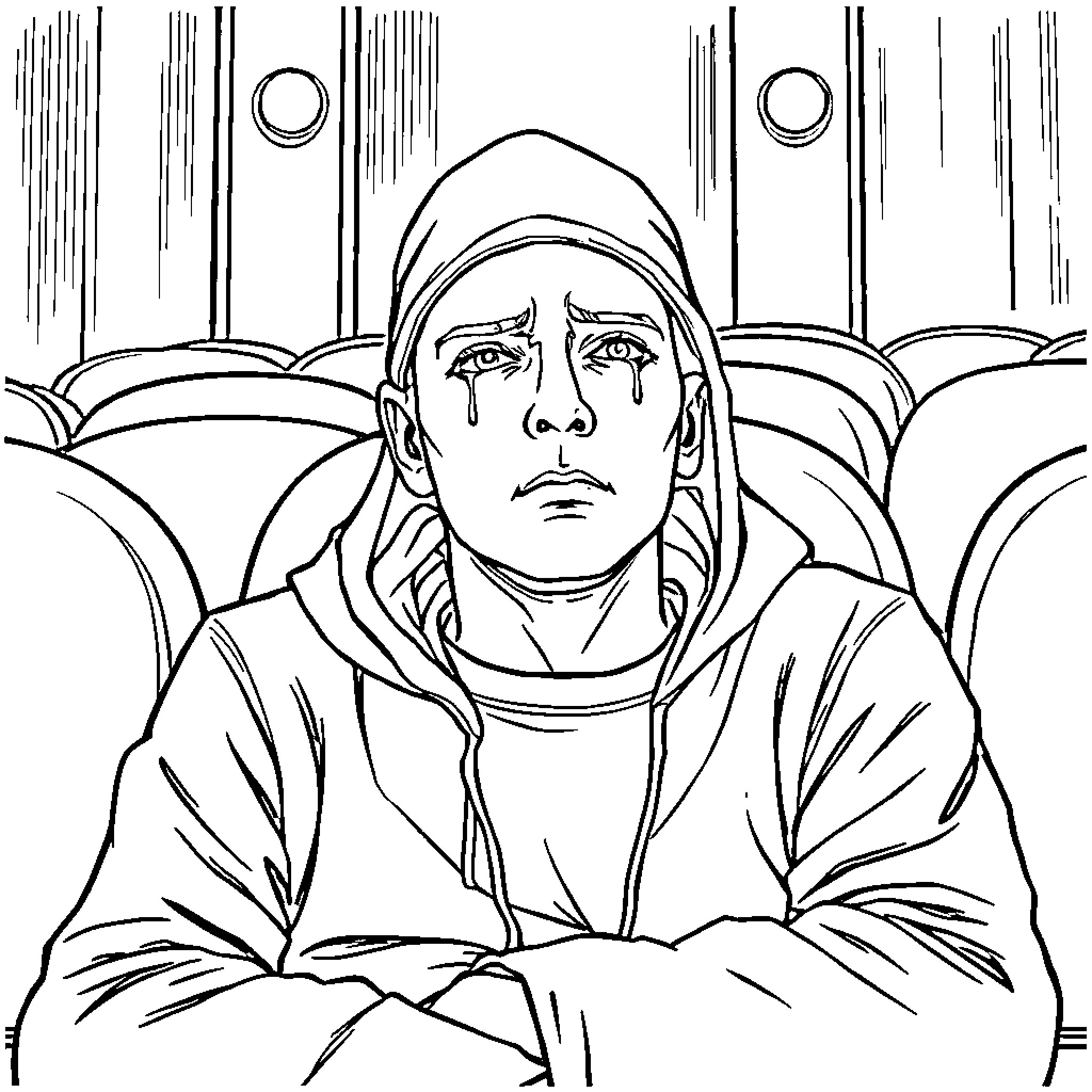 Eminem in pensive contemplation Coloring Page (free black-and-white line drawing printable PDF for all, from beginners to advanced learners, including children, teens, adults, and seniors)