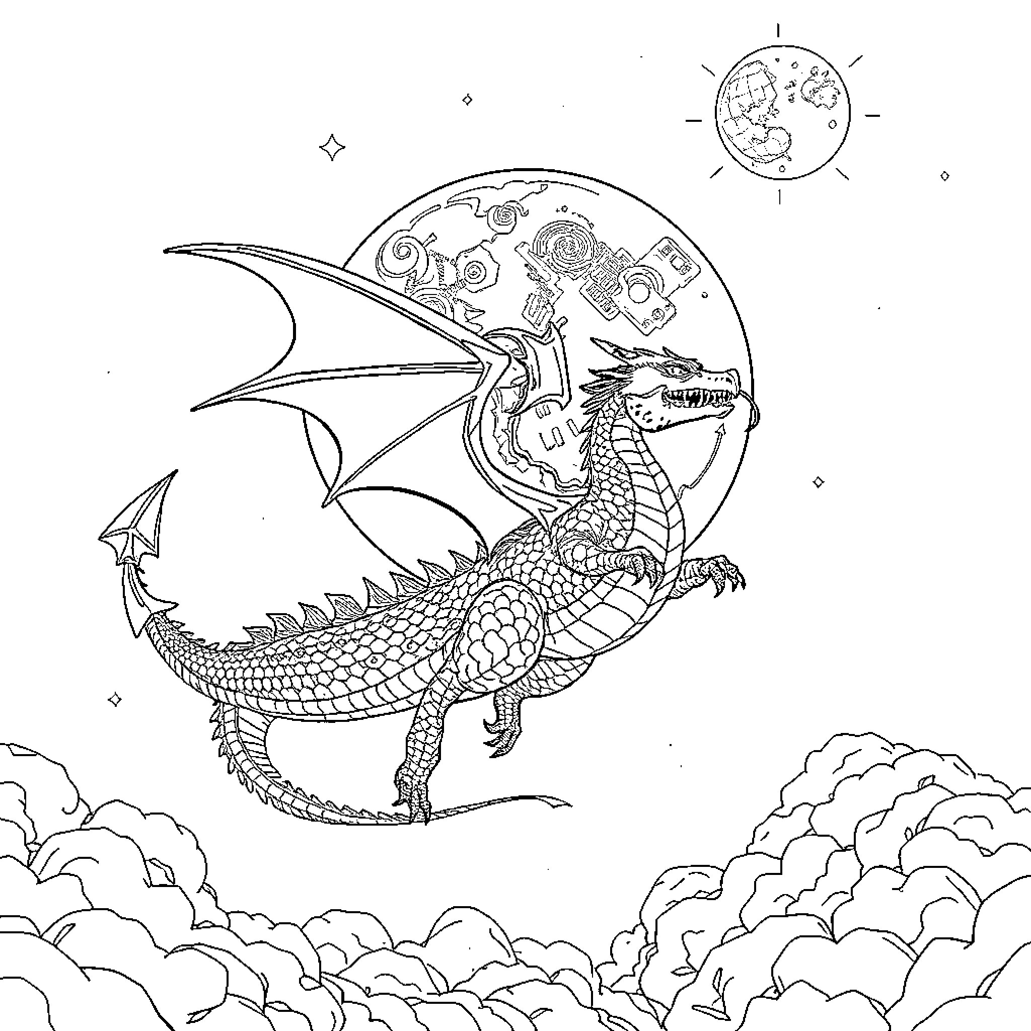Superhero Dragon Soaring Through Cosmic Skies Coloring Page (free black-and-white line drawing printable PDF for all, from beginners to advanced learners, including children, teens, adults, and seniors)