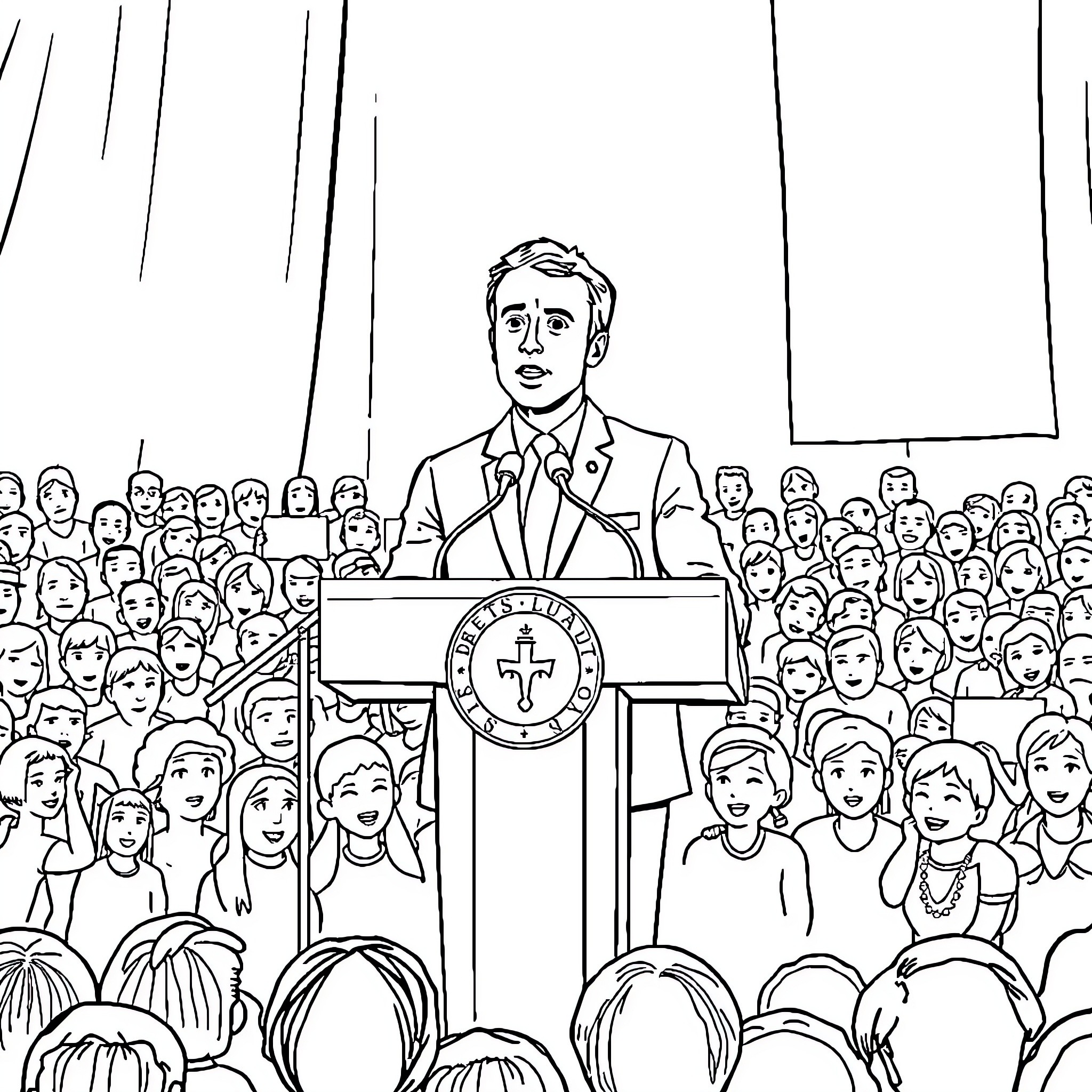 Macron Addressing a Crowd from a Podium Coloring Page (free black-and-white line drawing printable PDF for all, from beginners to advanced learners, including children, teens, adults, and seniors)