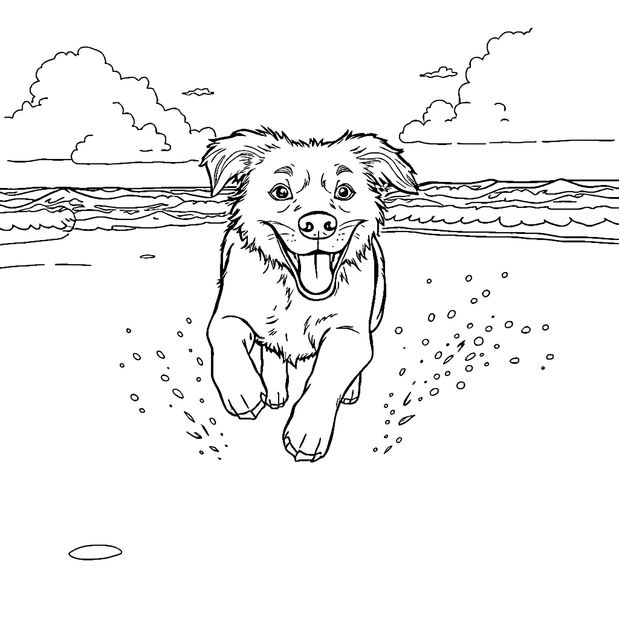 Dog enjoying the beach and waves Coloring Page (free black-and-white line drawing printable PDF for all, from beginners to advanced learners, including children, teens, adults, and seniors)
