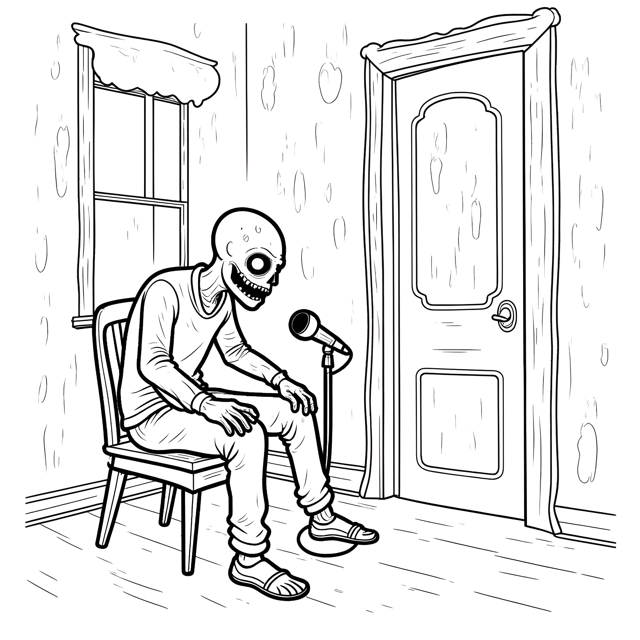 Zombie figure sitting dejectedly in a room Coloring Page (free black-and-white line drawing printable PDF for all, from beginners to advanced learners, including children, teens, adults, and seniors)