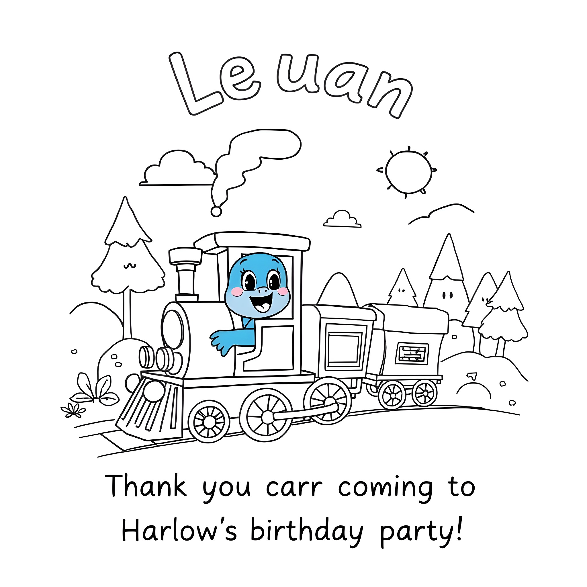 Bluey's train ride to Harlow's birthday party Coloring Page (free black-and-white line drawing printable PDF for all, from beginners to advanced learners, including children, teens, adults, and seniors)