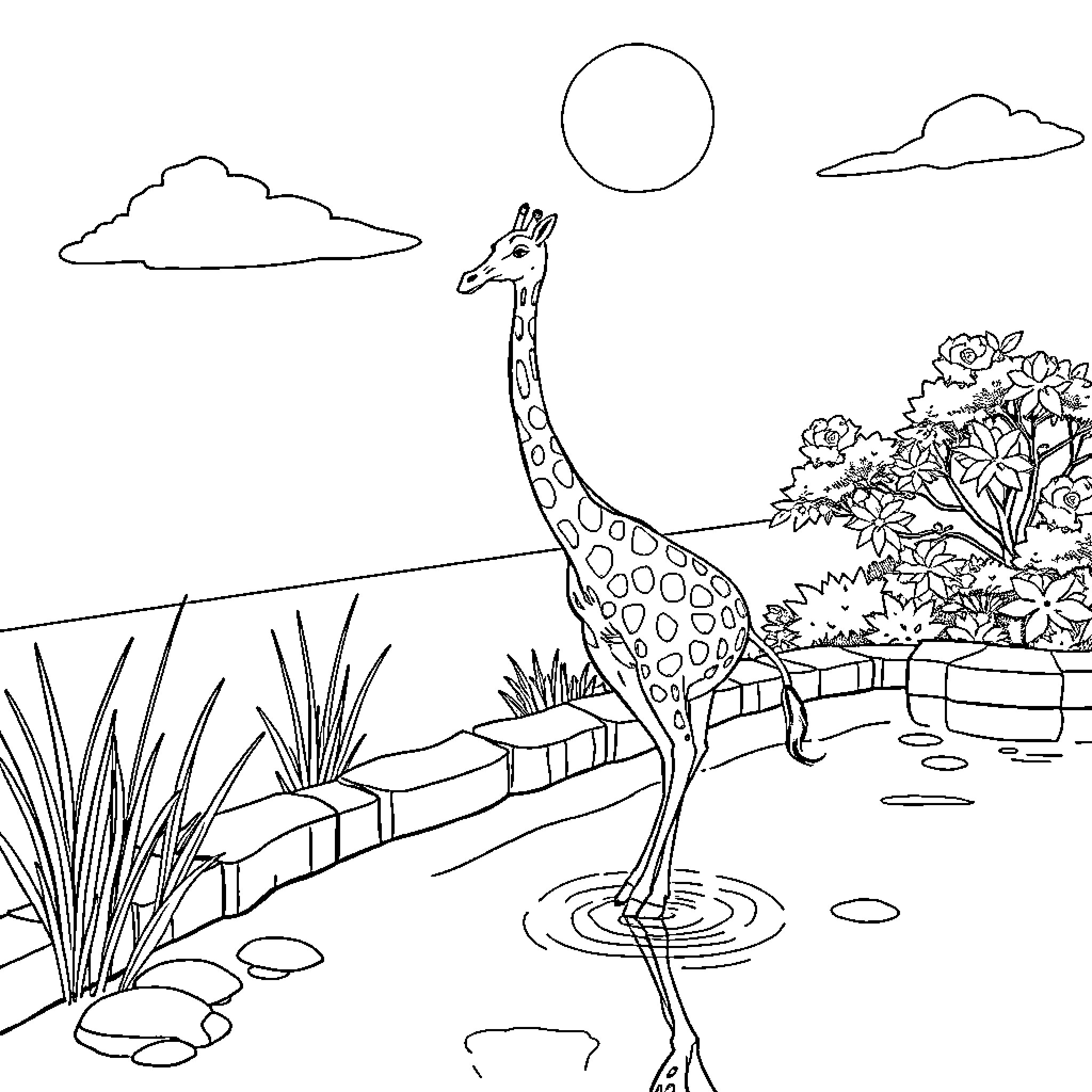 Giraffe standing in tranquil landscape Coloring Page (free black-and-white line drawing printable PDF for all, from beginners to advanced learners, including children, teens, adults, and seniors)