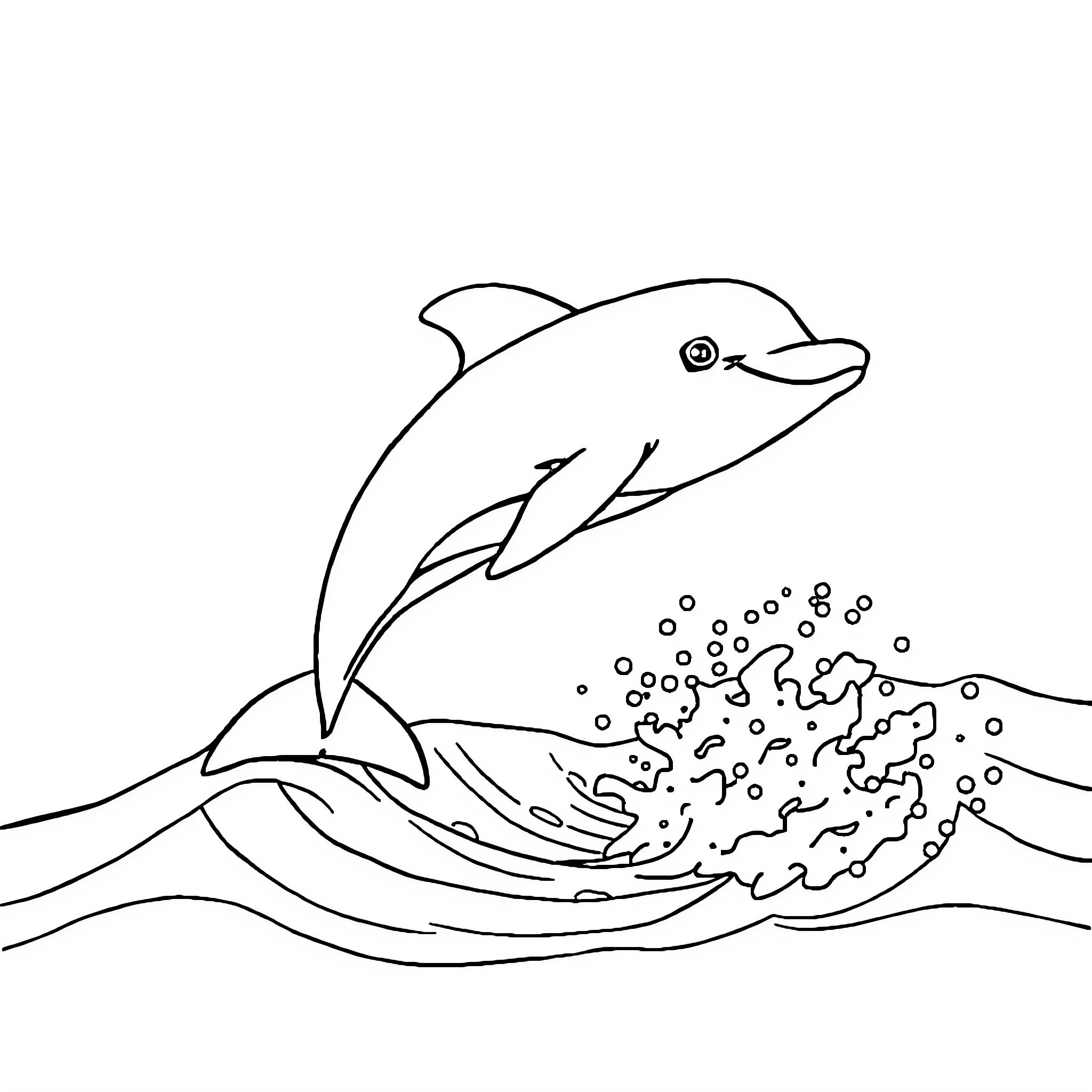 Dolphin leaping joyfully from the ocean waves Coloring Page (free black-and-white line drawing printable PDF for all, from beginners to advanced learners, including children, teens, adults, and seniors)
