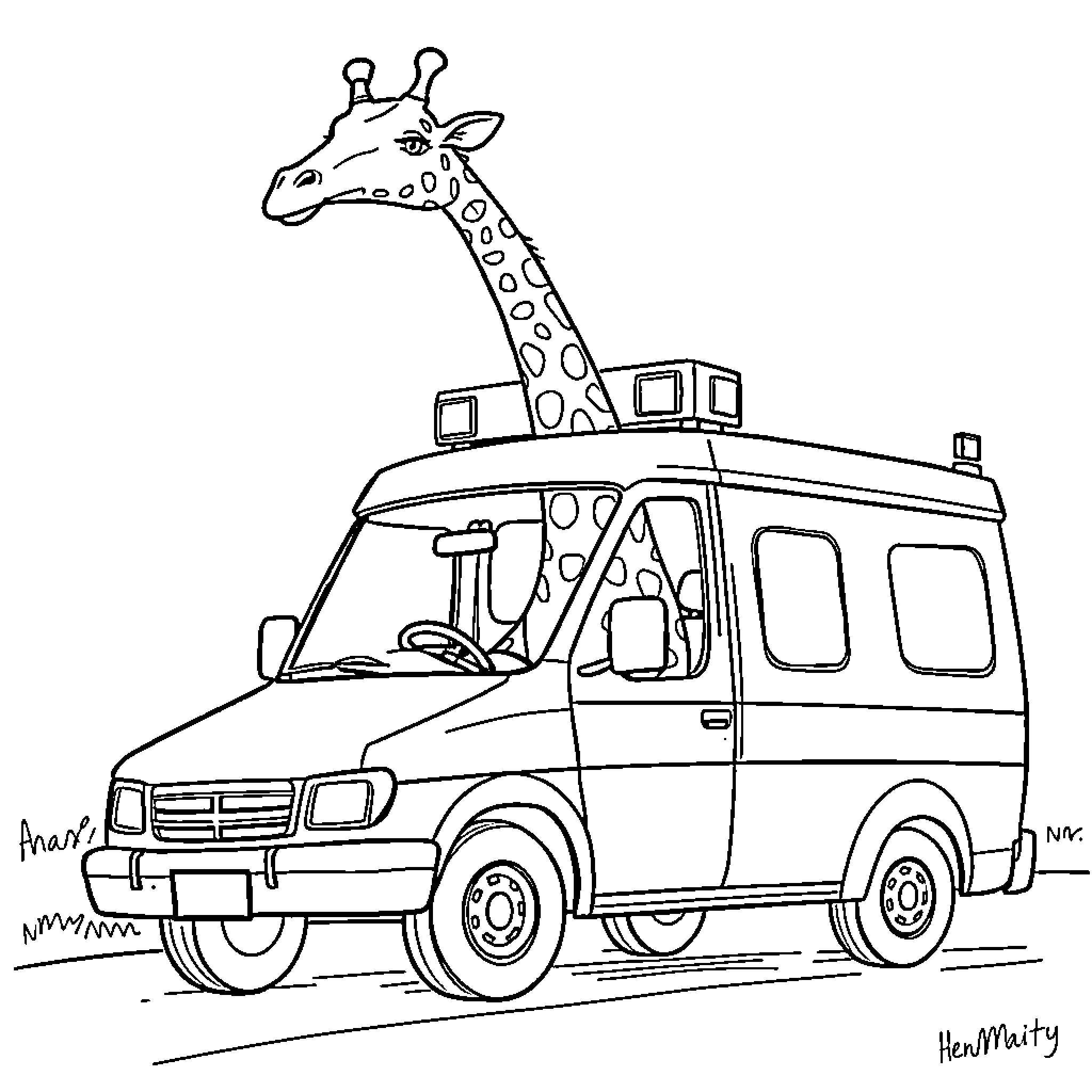 Giraffe riding in an unusual vehicle Coloring Page (free black-and-white line drawing printable PDF for all, from beginners to advanced learners, including children, teens, adults, and seniors)