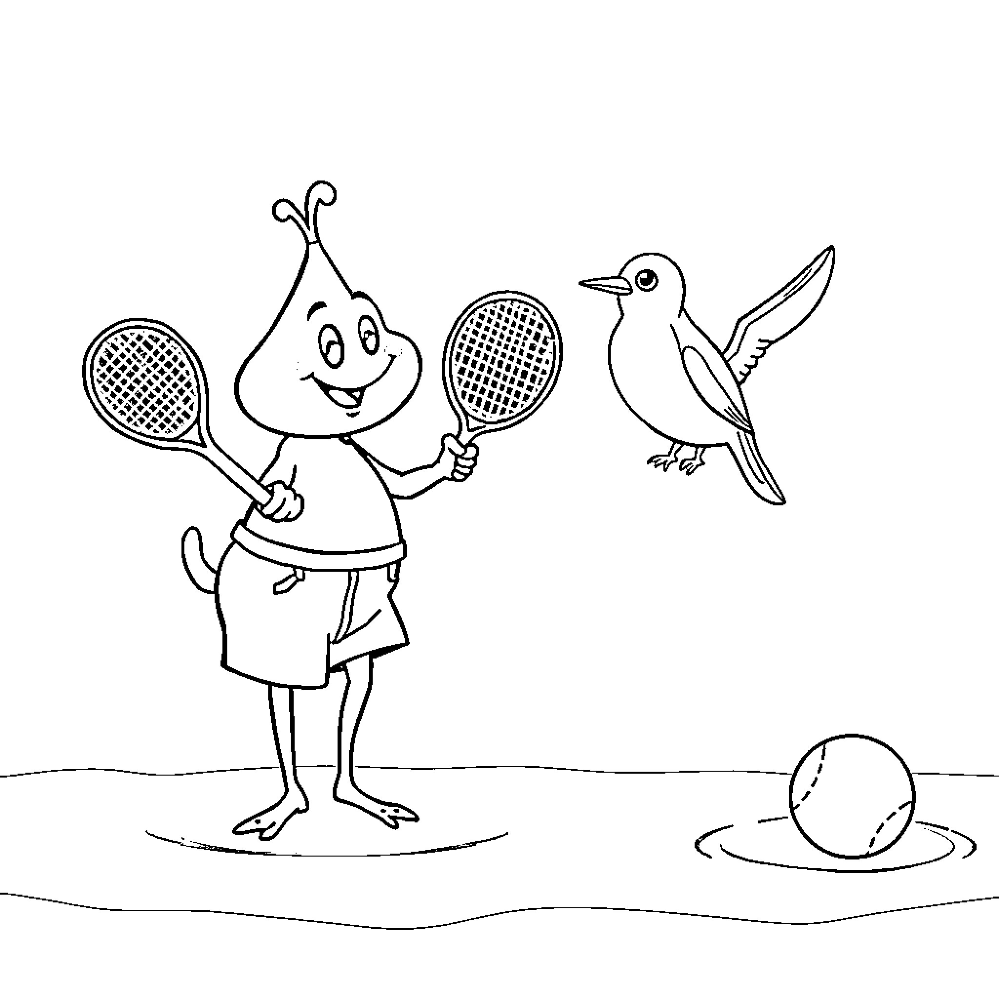 Pear playing tennis with friendly bird Coloring Page (free black-and-white line drawing printable PDF for all, from beginners to advanced learners, including children, teens, adults, and seniors)