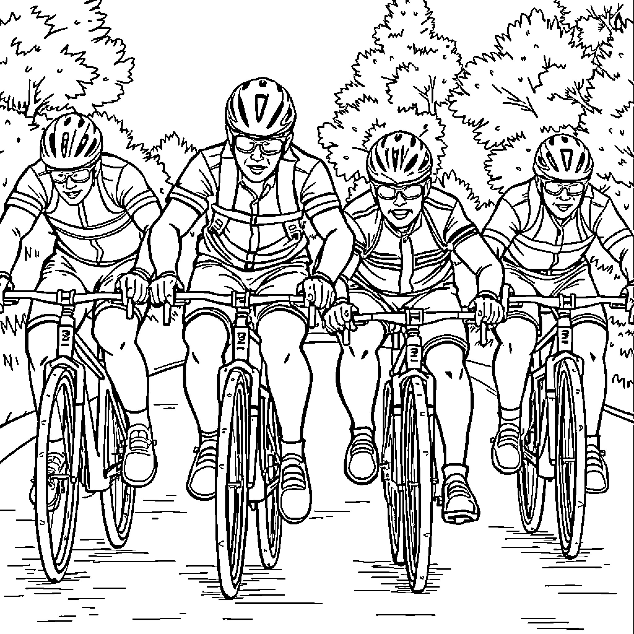 Bicycle group riding through forest landscape Coloring Page (free black-and-white line drawing printable PDF for all, from beginners to advanced learners, including children, teens, adults, and seniors)