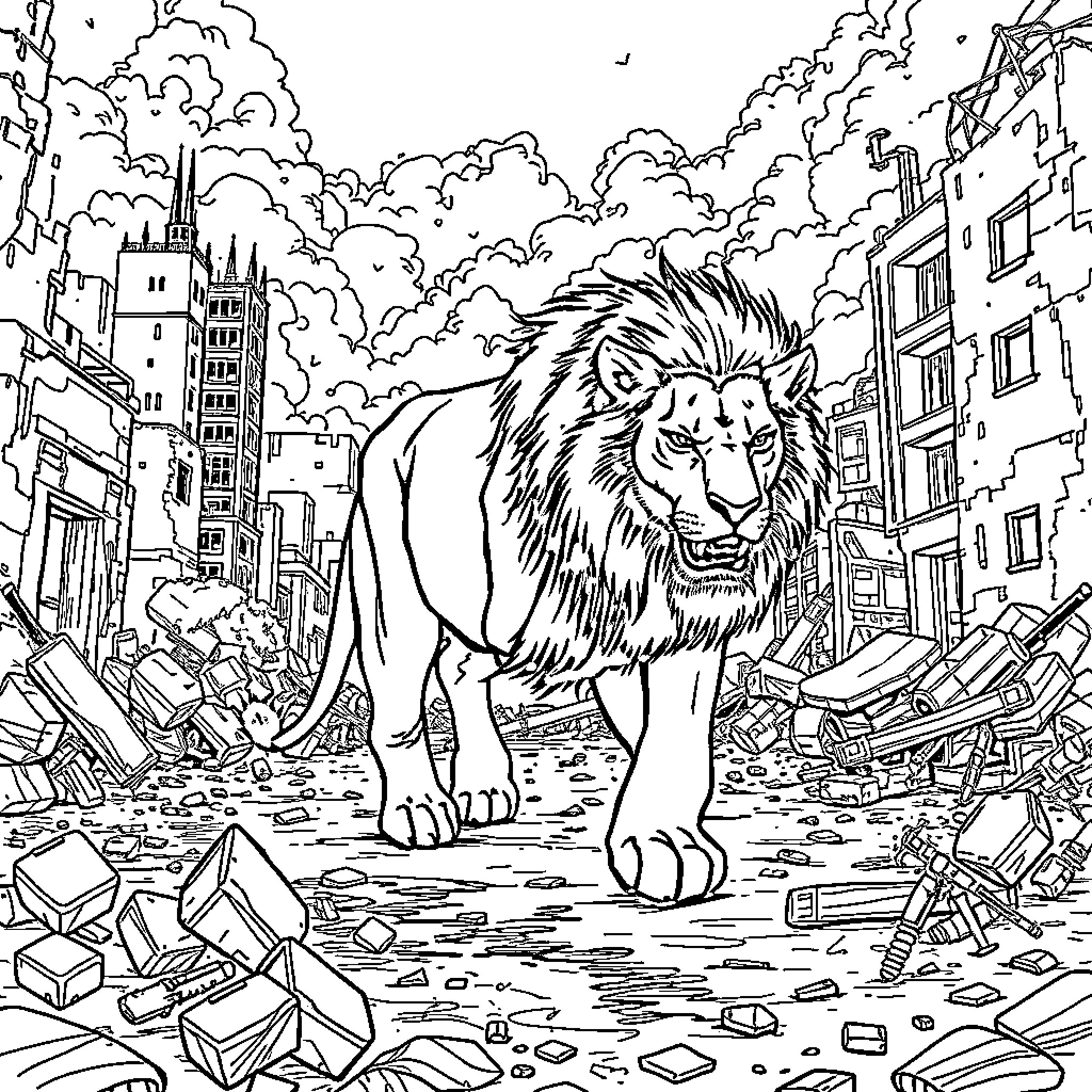 Lion Roaring Amidst Destruction in the City Coloring Page (free black-and-white line drawing printable PDF for all, from beginners to advanced learners, including children, teens, adults, and seniors)