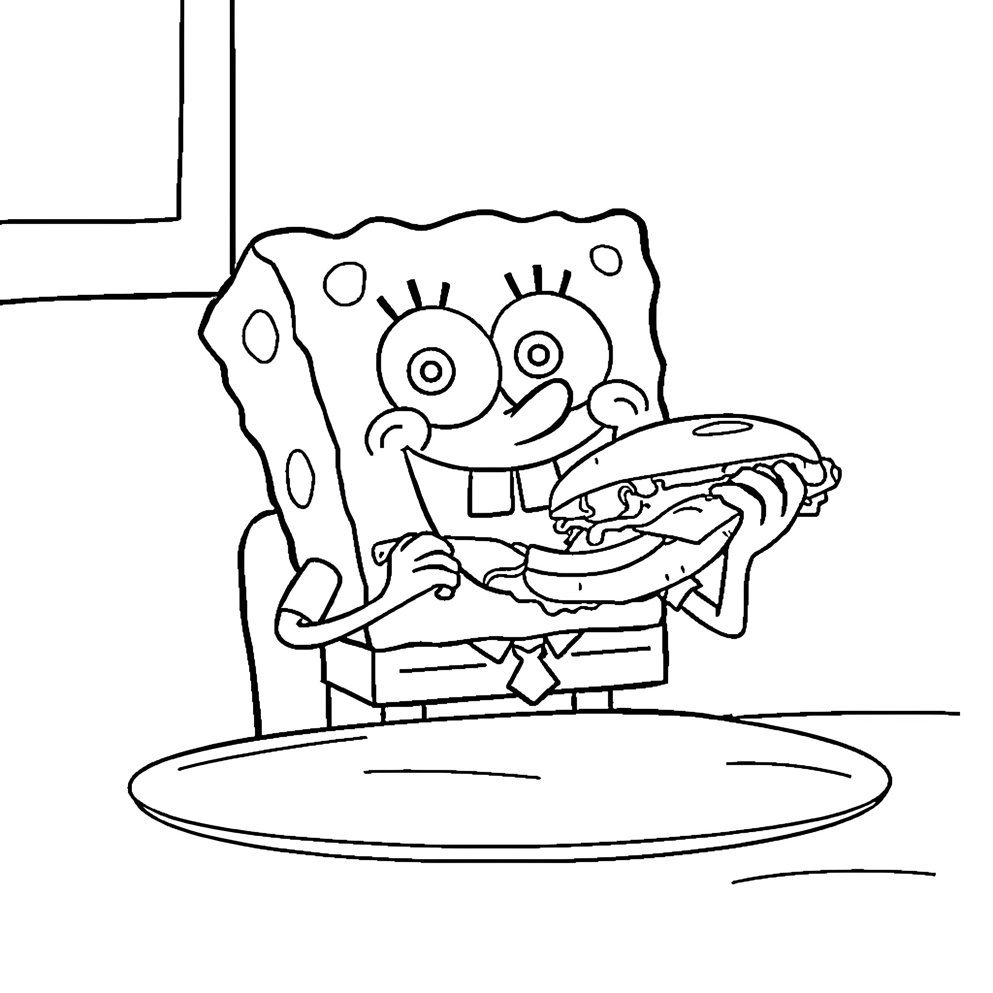 Spongebob laughing with a burger Coloring Page (free black-and-white line drawing printable PDF for all, from beginners to advanced learners, including children, teens, adults, and seniors)