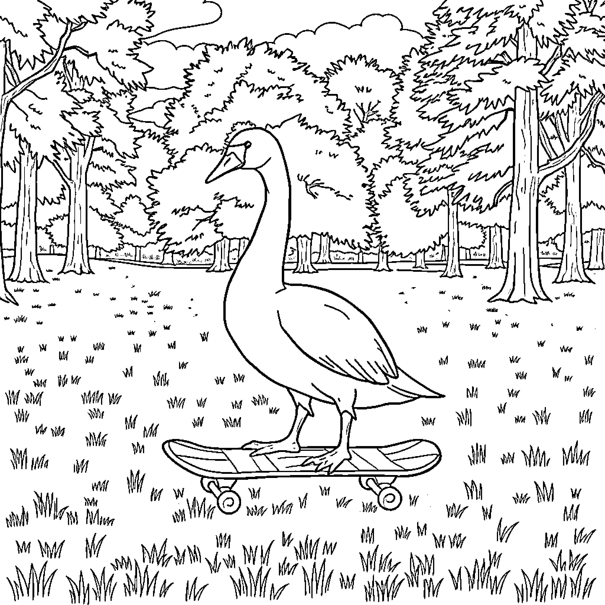 Swan gliding gracefully through the peaceful forest Coloring Page (free black-and-white line drawing printable PDF for all, from beginners to advanced learners, including children, teens, adults, and seniors)