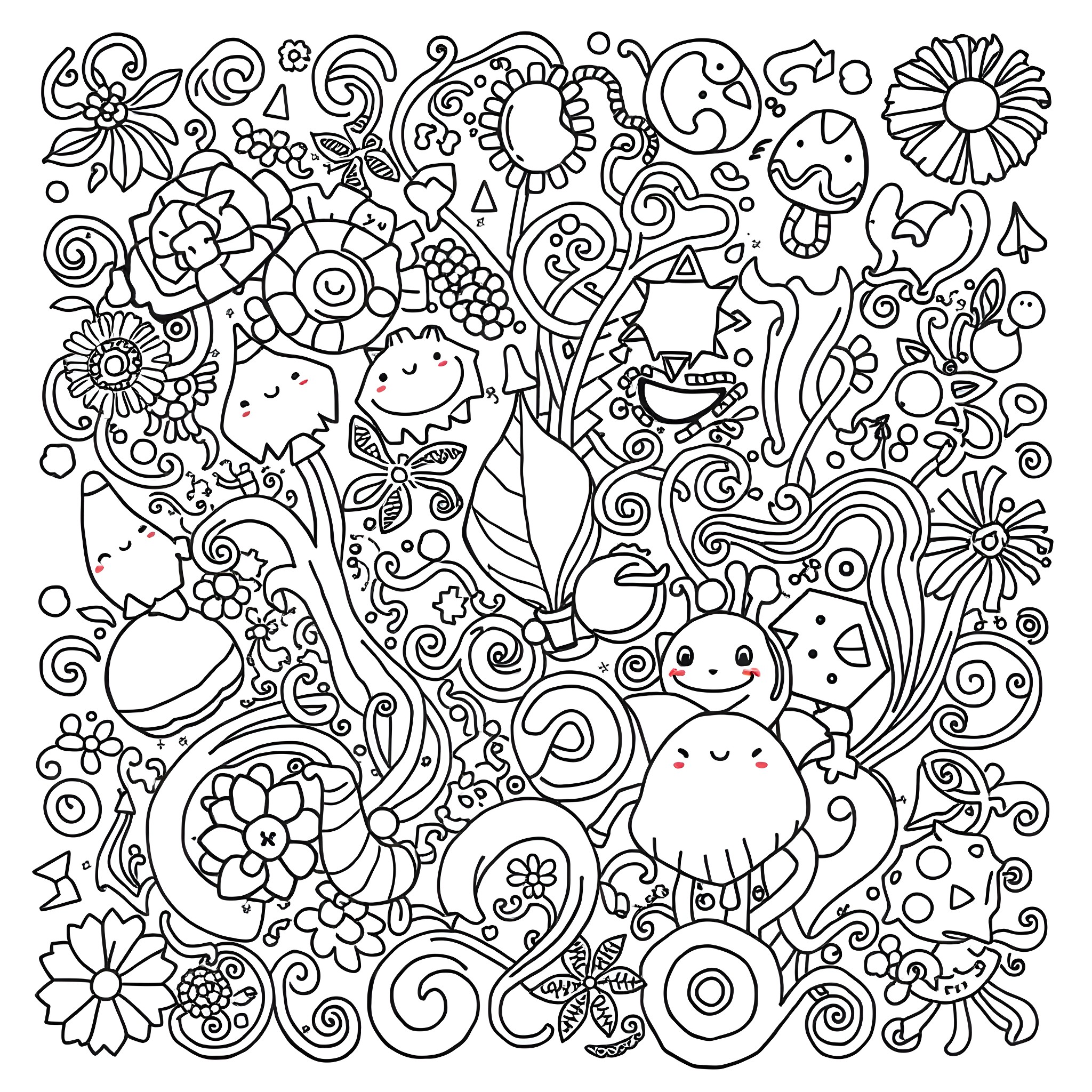 Random Whimsical Doodle with Flowers and Creatures Coloring Page (free black-and-white line drawing printable PDF for all, from beginners to advanced learners, including children, teens, adults, and seniors)