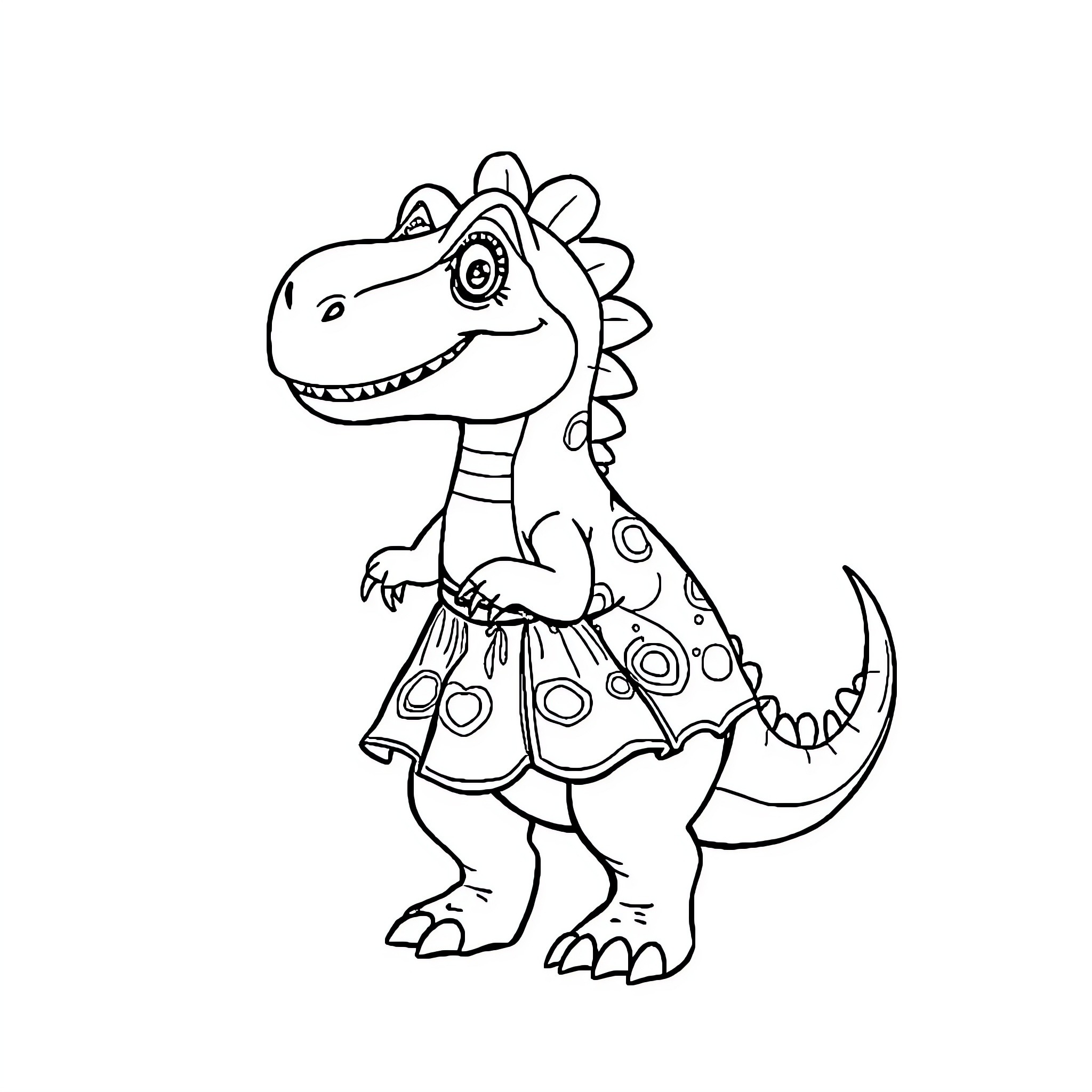 Dinosaur wearing a polka dot dress Coloring Page (free black-and-white line drawing printable PDF for all, from beginners to advanced learners, including children, teens, adults, and seniors)