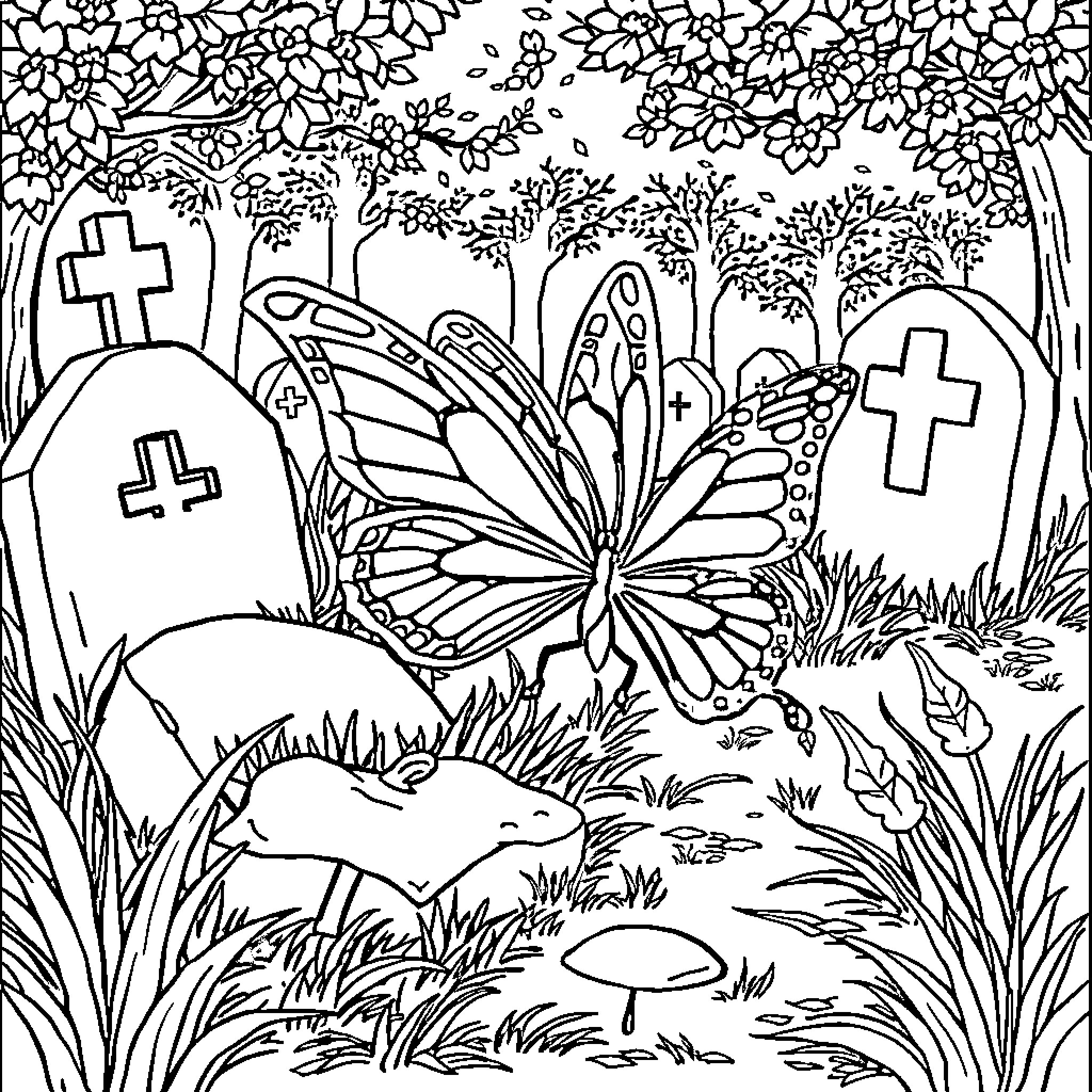 Butterfly Resting in Graveyard Surrounded by Nature Coloring Page (free black-and-white line drawing printable PDF for all, from beginners to advanced learners, including children, teens, adults, and seniors)