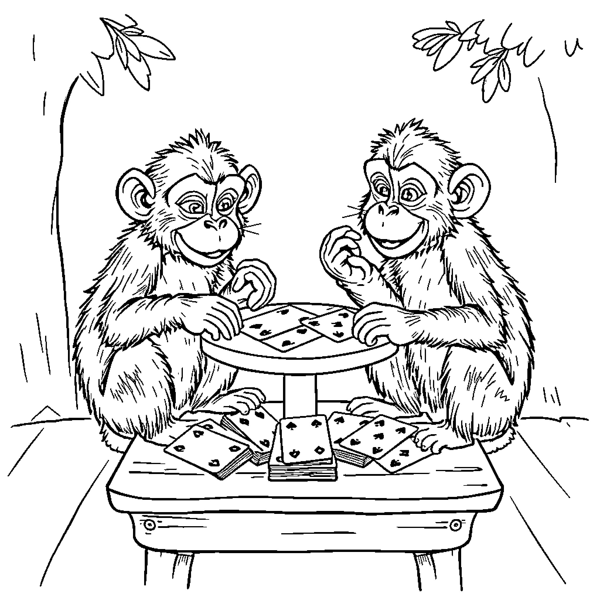 Monkey friends playing a game together Coloring Page (free black-and-white line drawing printable PDF for all, from beginners to advanced learners, including children, teens, adults, and seniors)