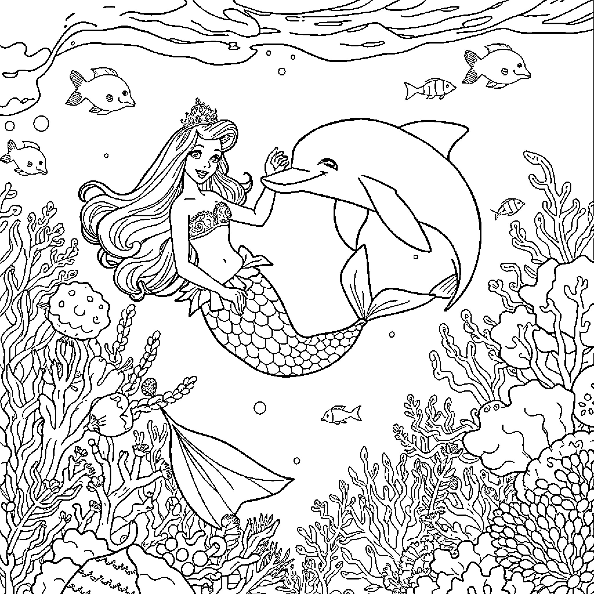 Mermaid swimming gracefully in the underwater world Coloring Page (free black-and-white line drawing printable PDF for all, from beginners to advanced learners, including children, teens, adults, and seniors)