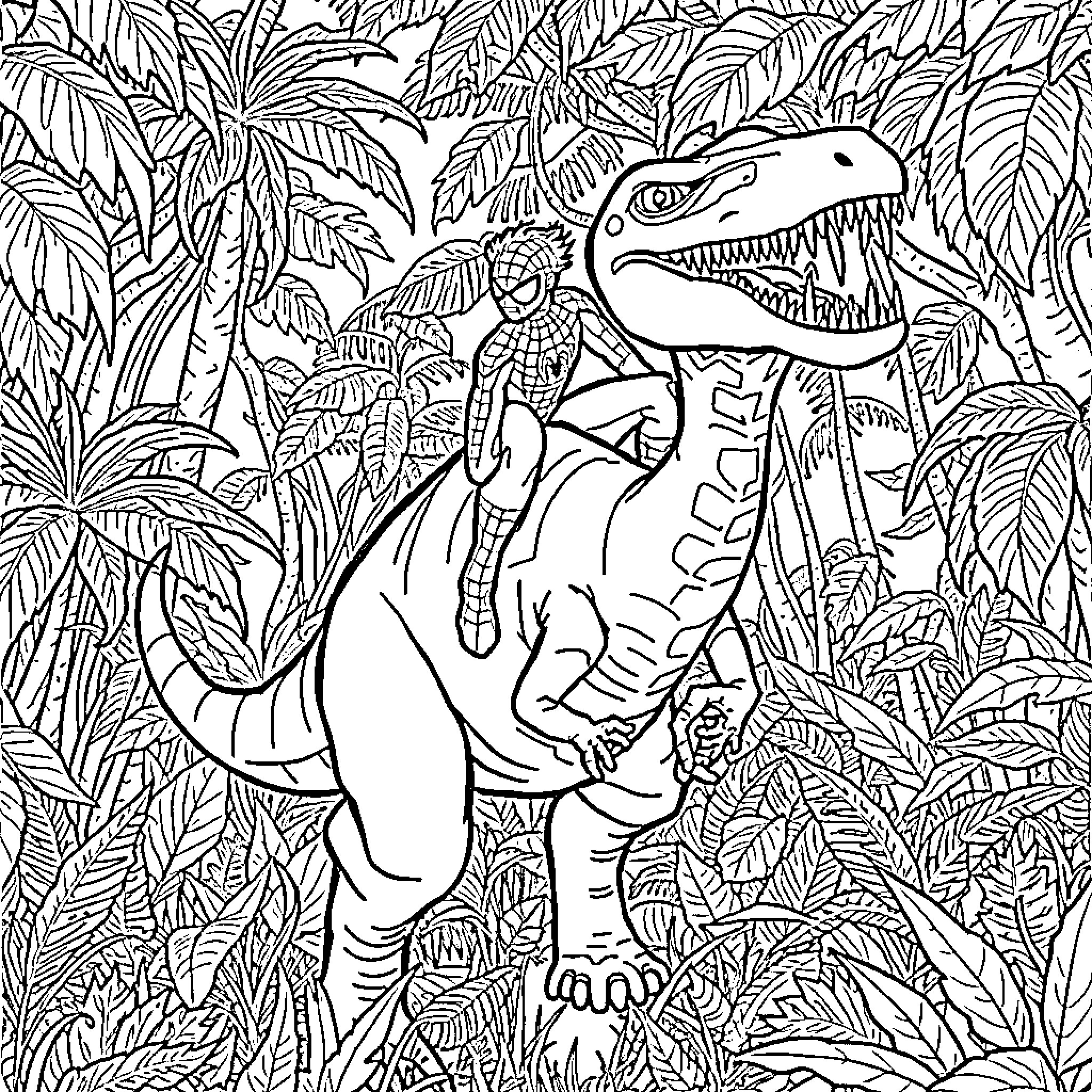 Spider-Man Explores Jurassic Jungle Coloring Page (free black-and-white line drawing printable PDF for all, from beginners to advanced learners, including children, teens, adults, and seniors)
