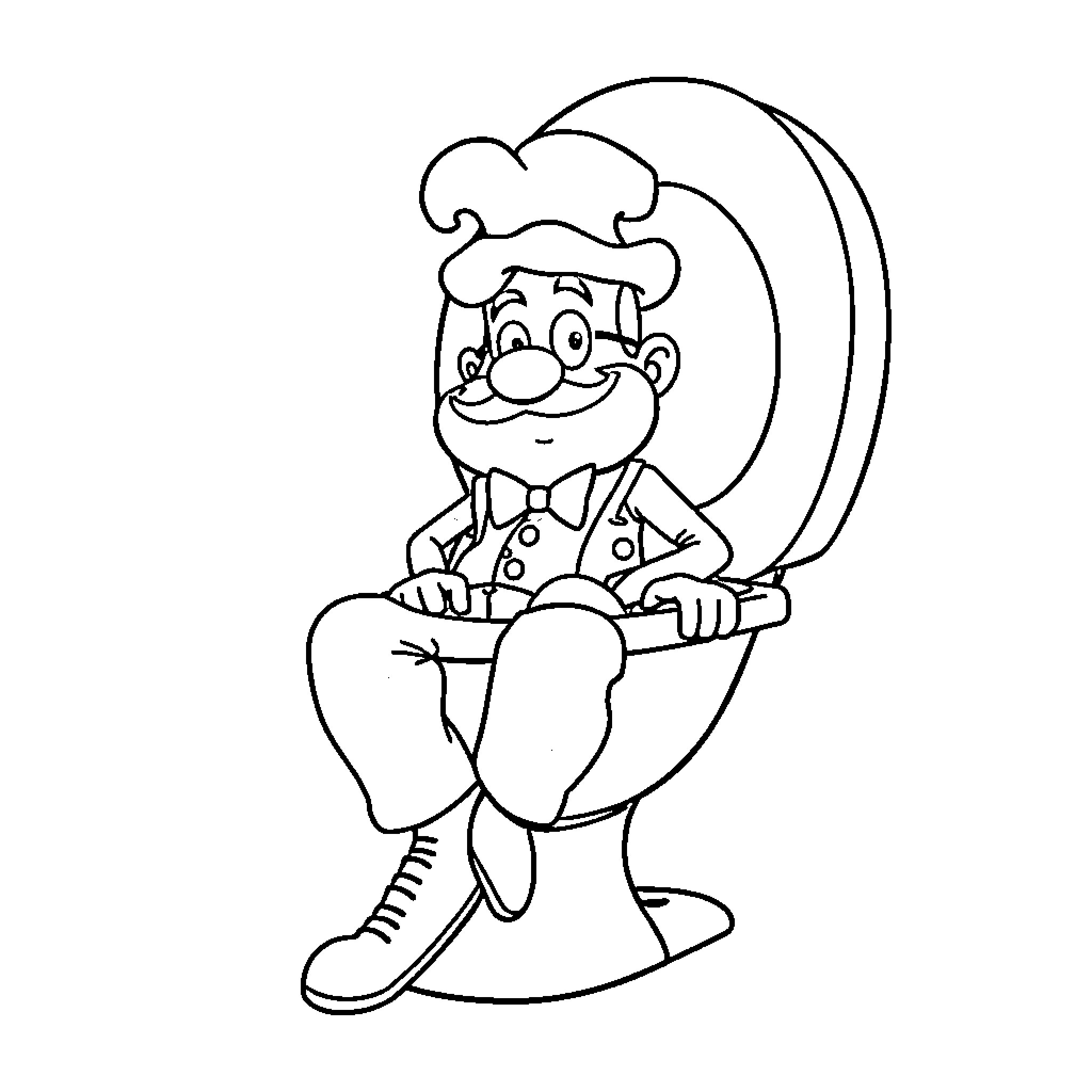 Professor Poopypants sitting on a moon-shaped chair Coloring Page (free black-and-white line drawing printable PDF for all, from beginners to advanced learners, including children, teens, adults, and seniors)