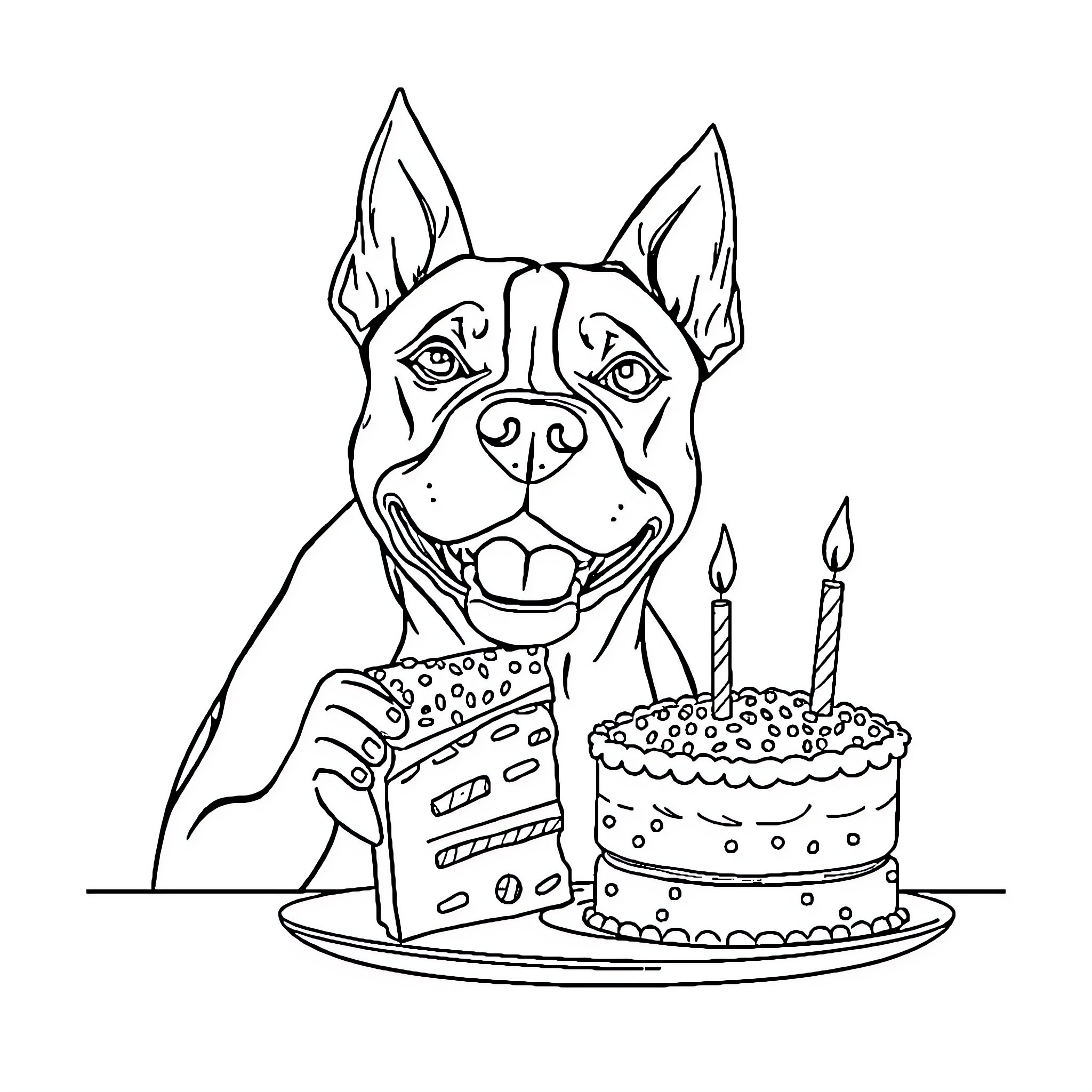 American Staffordshire Terrier celebrating with birthday cake Coloring Page (free black-and-white line drawing printable PDF for all, from beginners to advanced learners, including children, teens, adults, and seniors)