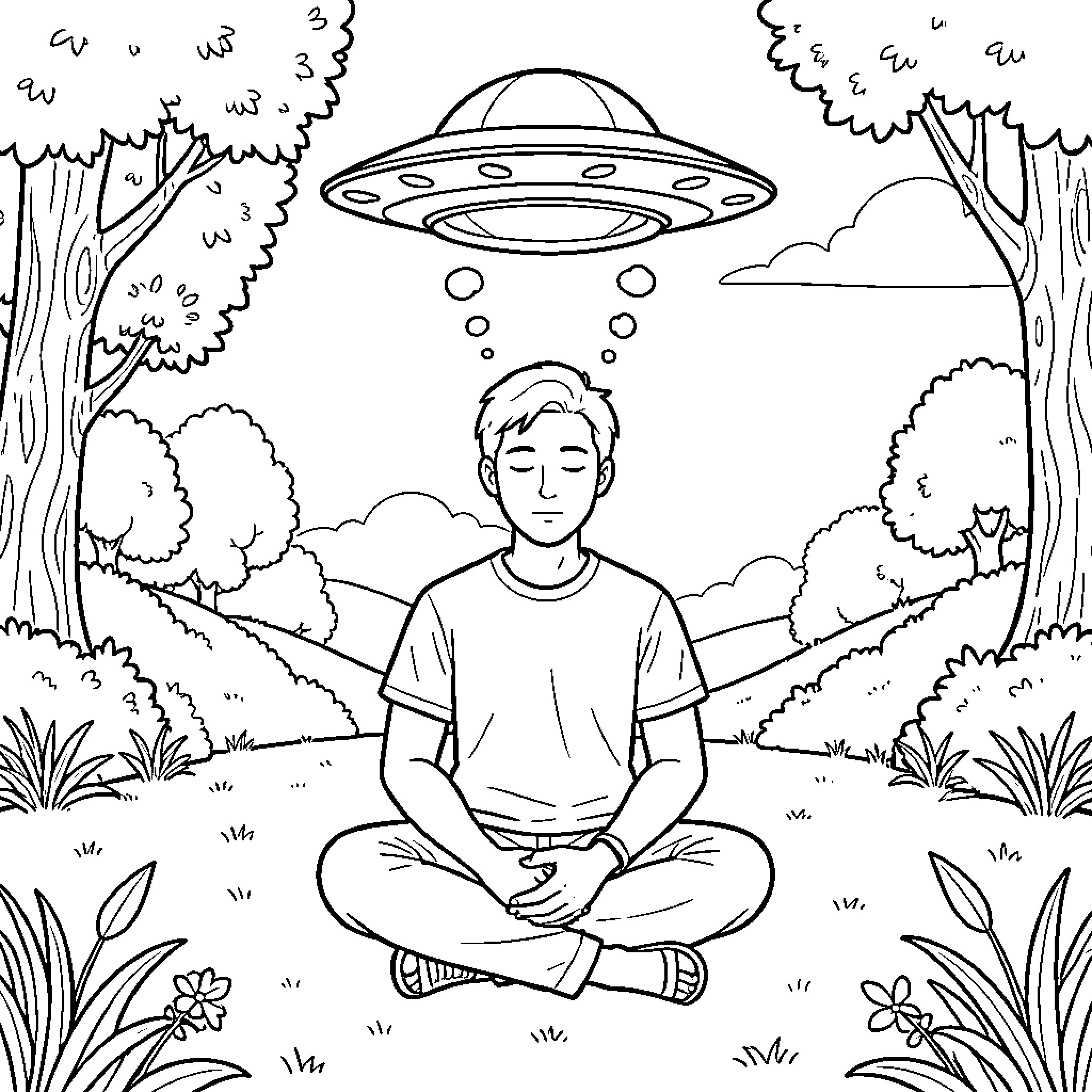 UFO hovering over a man meditating in nature Coloring Page (free black-and-white line drawing printable PDF for all, from beginners to advanced learners, including children, teens, adults, and seniors)