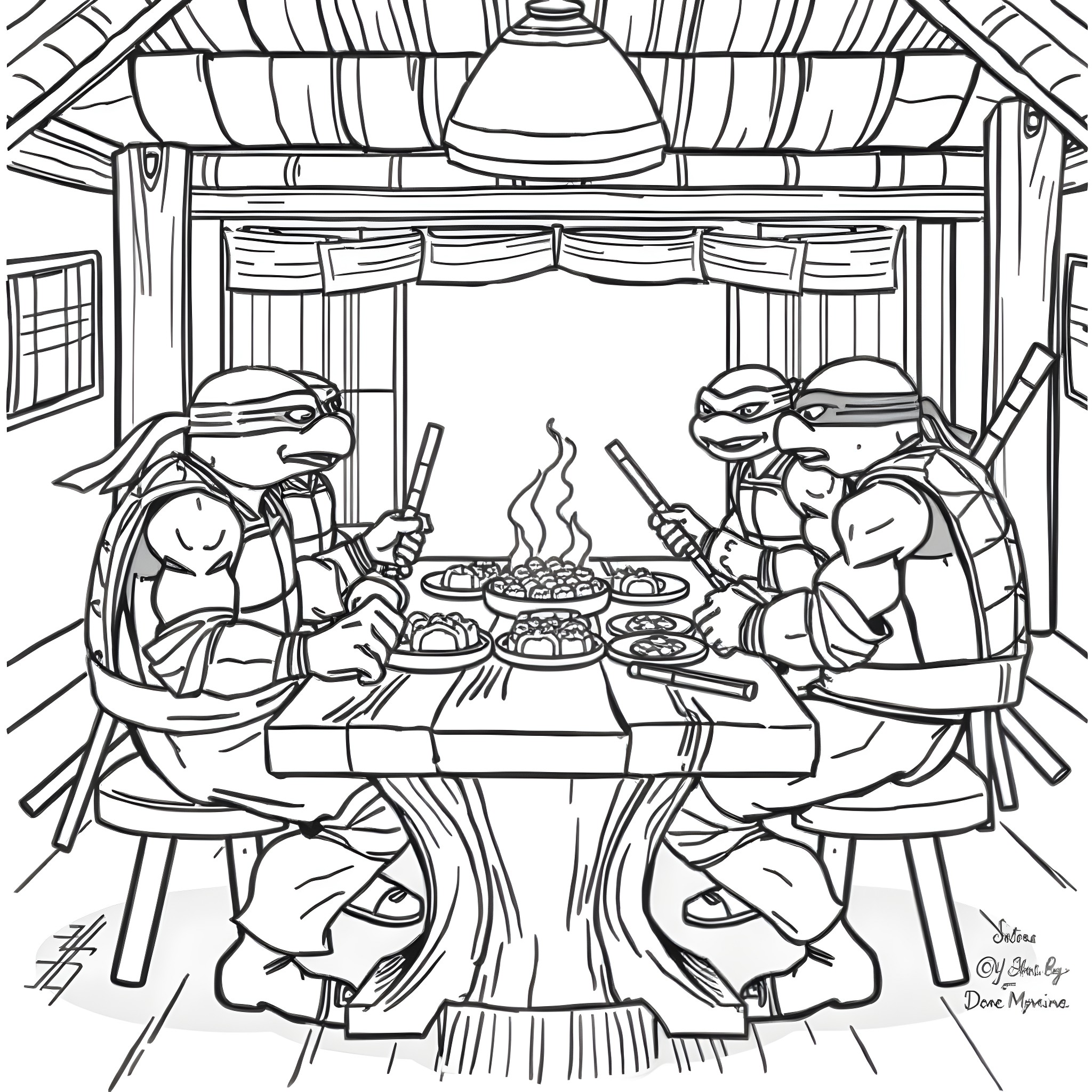 Ninja Turtles Enjoying a Meal Together Coloring Page (free black-and-white line drawing printable PDF for all, from beginners to advanced learners, including children, teens, adults, and seniors)