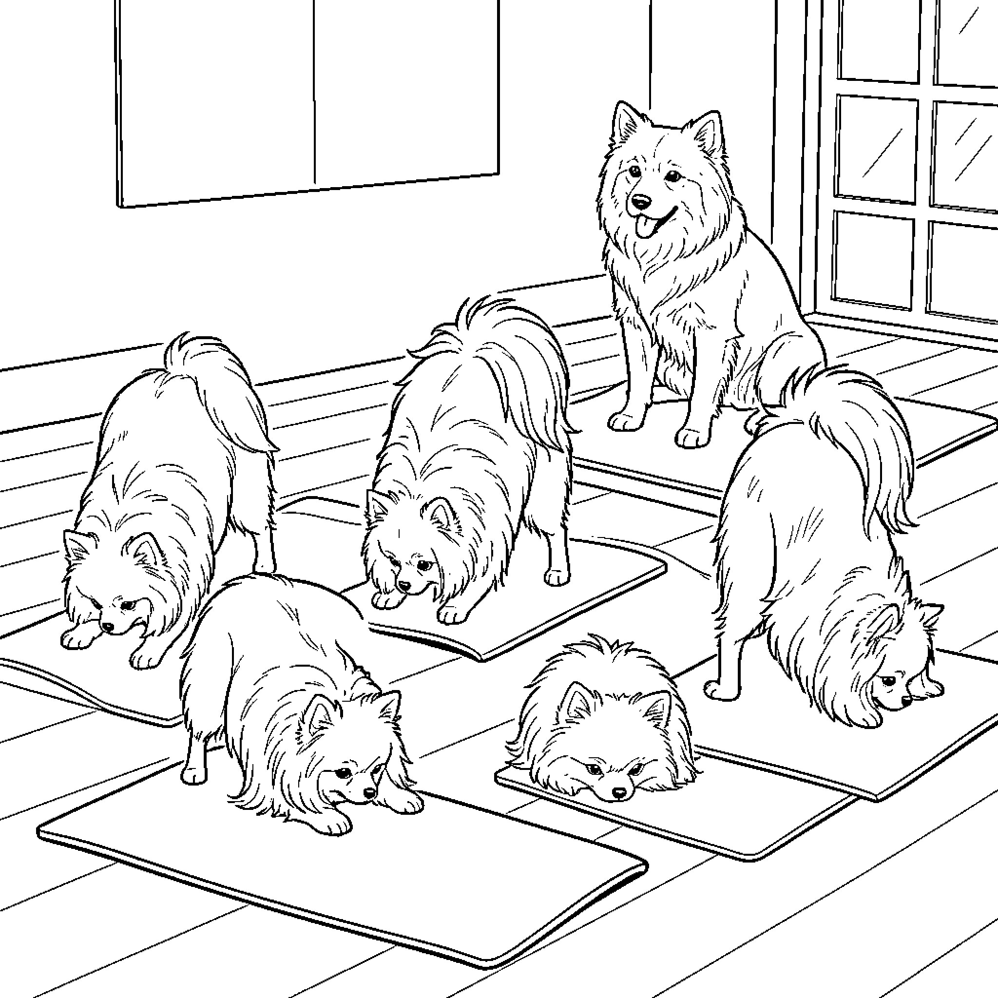 Pomeranians practicing various yoga poses on mats Coloring Page (free black-and-white line drawing printable PDF for all, from beginners to advanced learners, including children, teens, adults, and seniors)