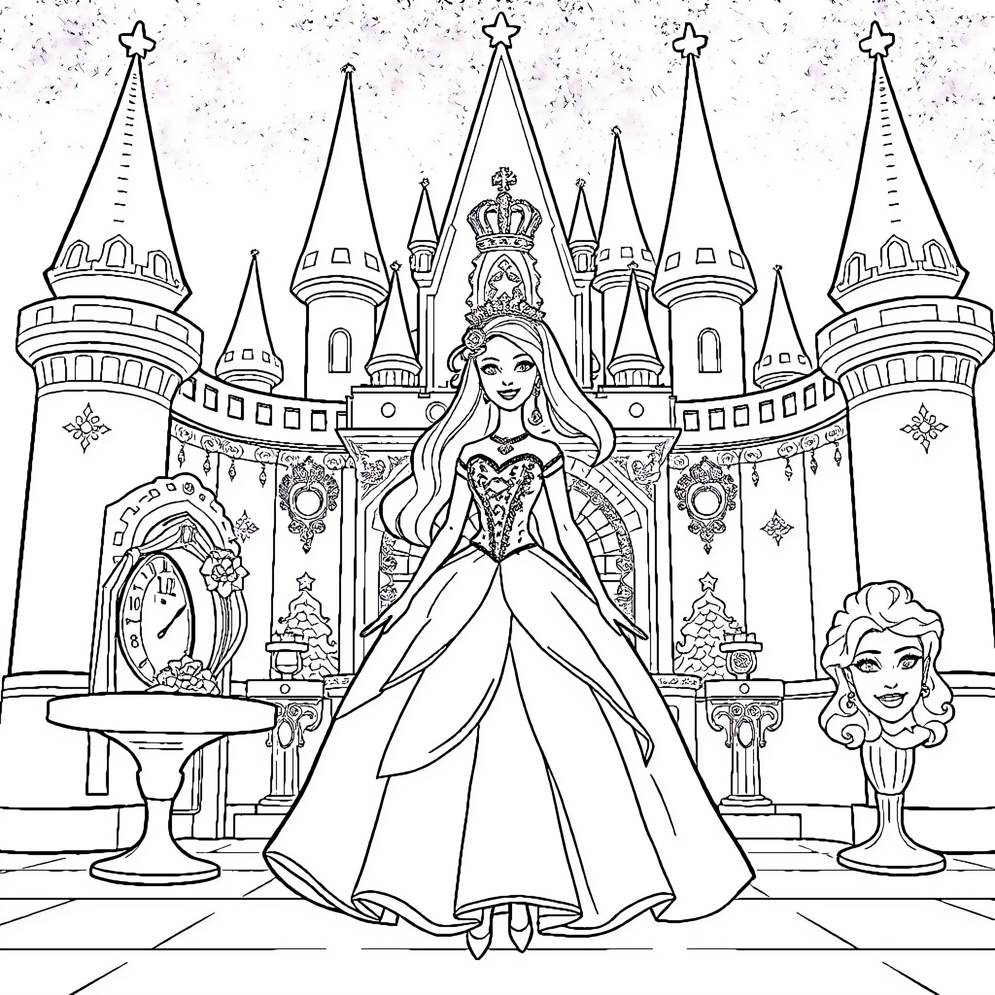 Barbie in a Majestic Castle Scene Coloring Page (free black-and-white line drawing printable PDF for all, from beginners to advanced learners, including children, teens, adults, and seniors)