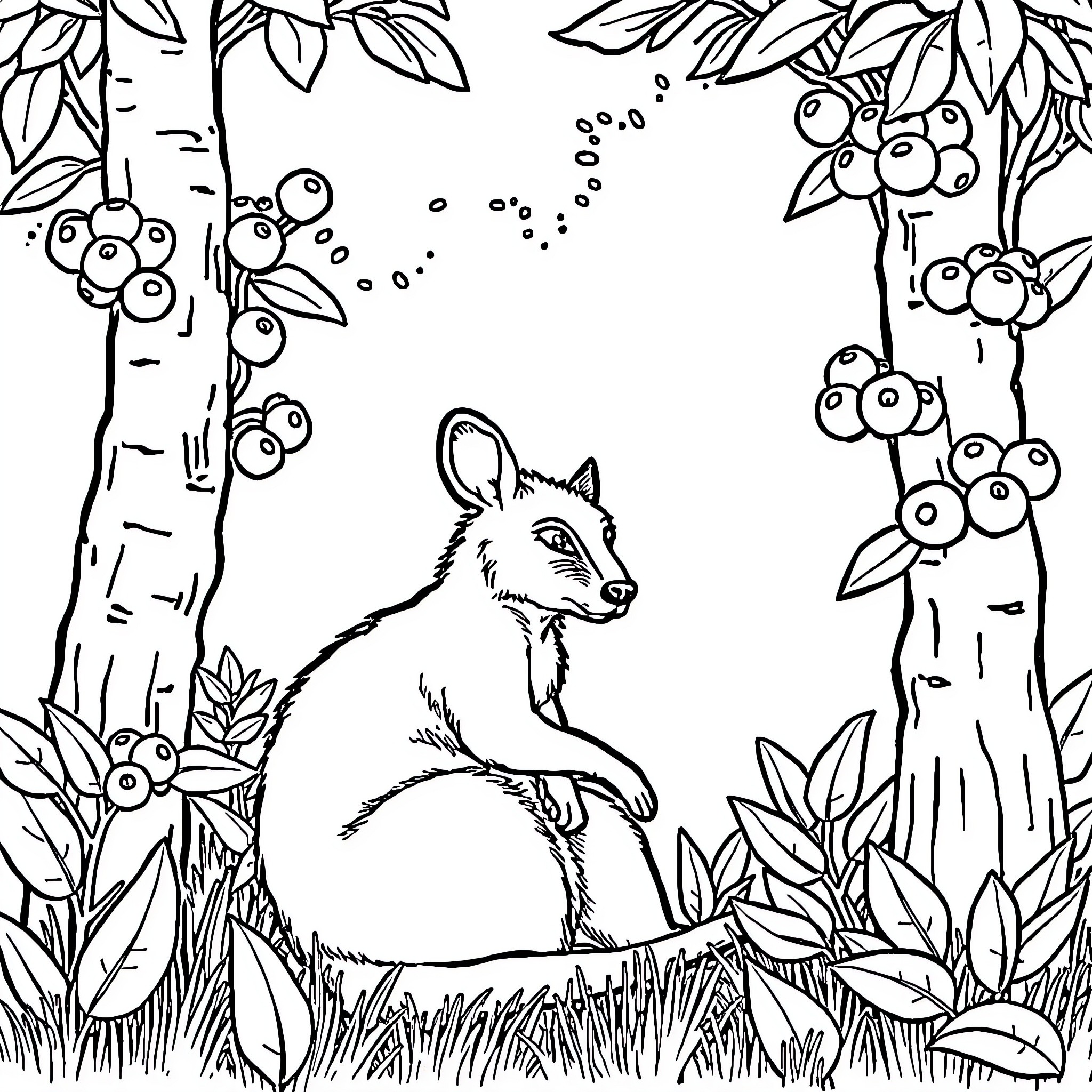 Wallaby exploring a lush forest Coloring Page (free black-and-white line drawing printable PDF for all, from beginners to advanced learners, including children, teens, adults, and seniors)