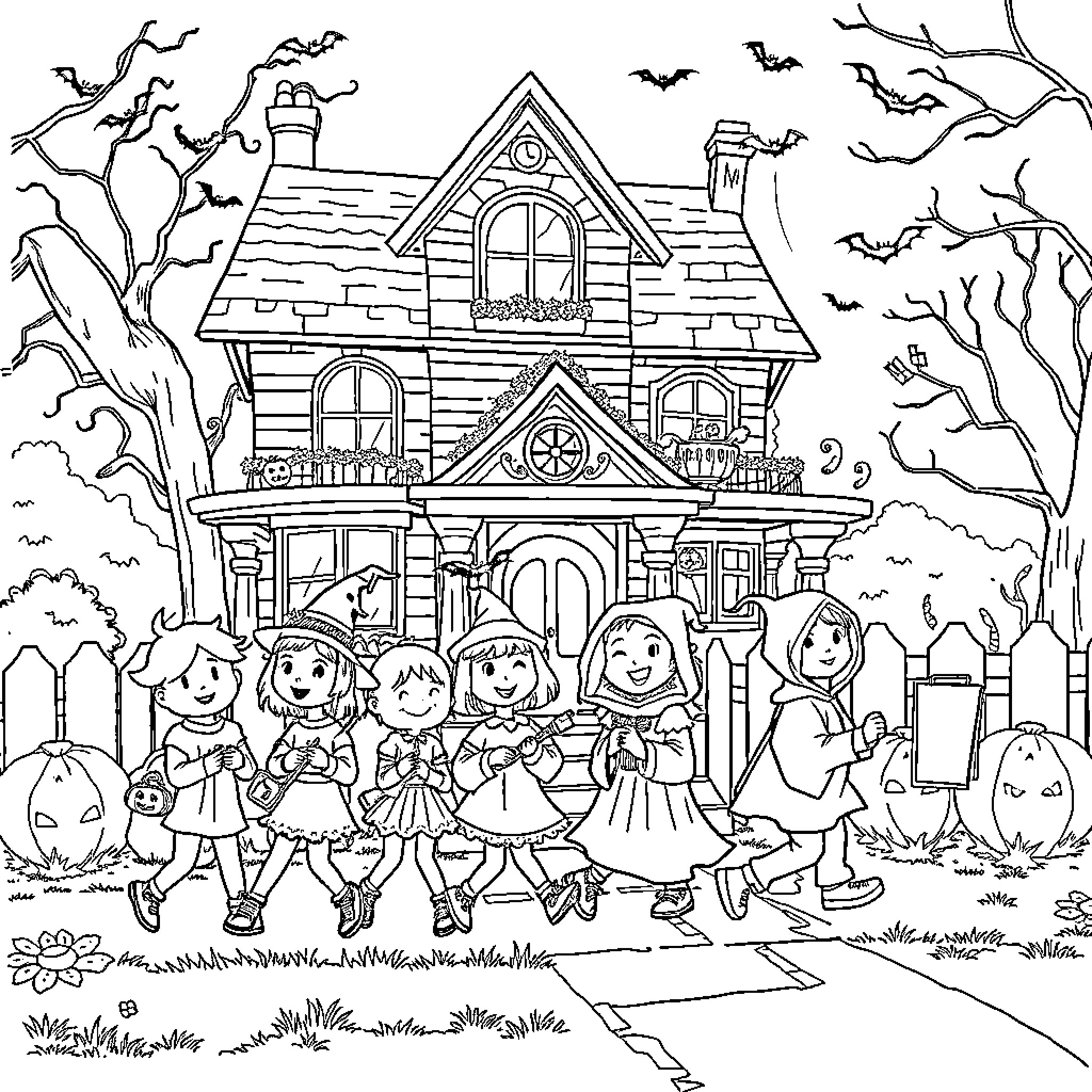 Kids enjoying Halloween night at haunted house Coloring Page (free black-and-white line drawing printable PDF for all, from beginners to advanced learners, including children, teens, adults, and seniors)