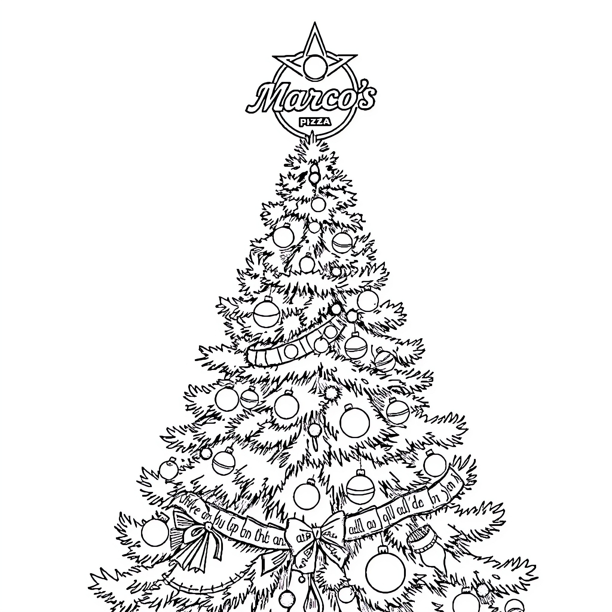 Pizza-themed Christmas tree with festive decorations Coloring Page (free black-and-white line drawing printable PDF for all, from beginners to advanced learners, including children, teens, adults, and seniors)
