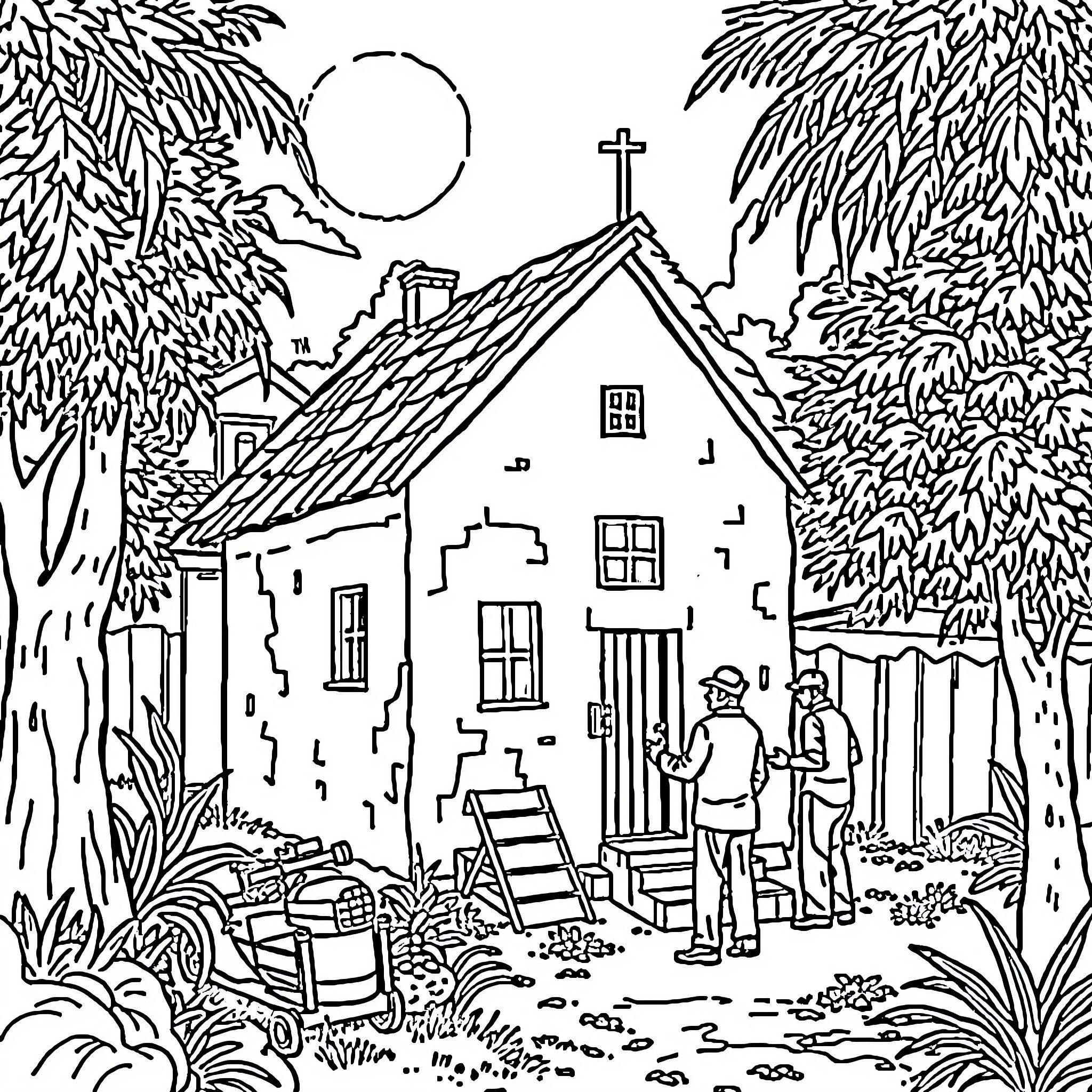 Archbishop Romero visiting a rural community in the countryside Coloring Page (free black-and-white line drawing printable PDF for all, from beginners to advanced learners, including children, teens, adults, and seniors)