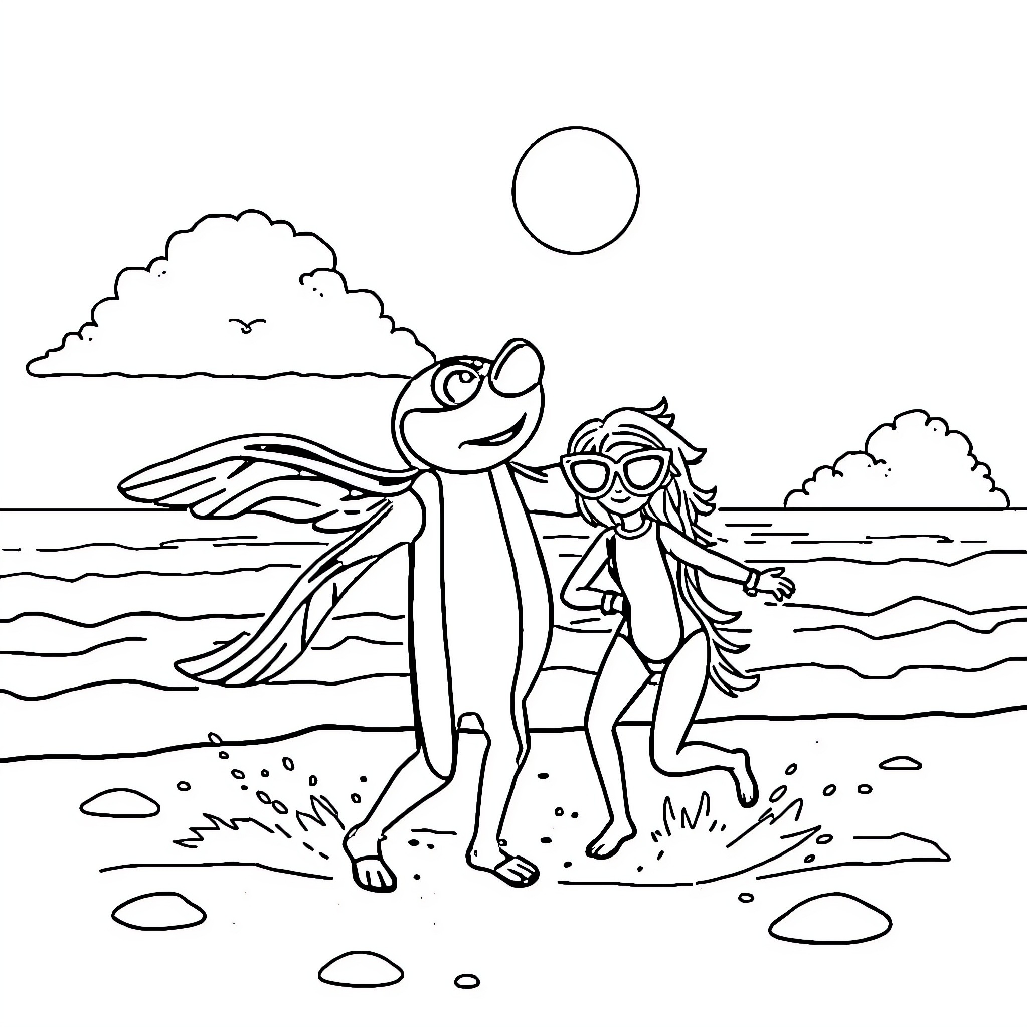 Paw Patrol characters playing on the beach Coloring Page (free black-and-white line drawing printable PDF for all, from beginners to advanced learners, including children, teens, adults, and seniors)
