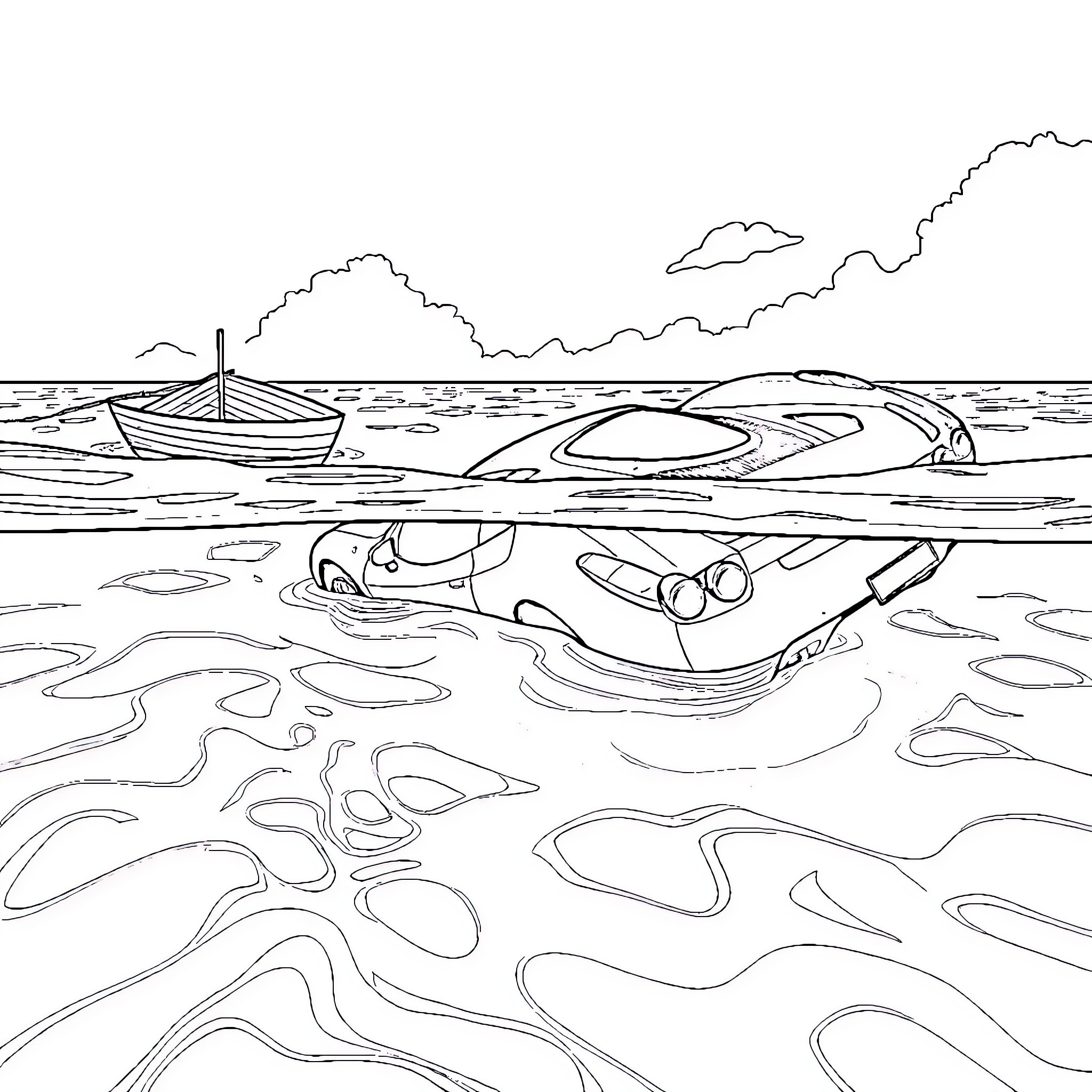 Ferrari Racers Navigating Turbulent Waters Coloring Page (free black-and-white line drawing printable PDF for all, from beginners to advanced learners, including children, teens, adults, and seniors)