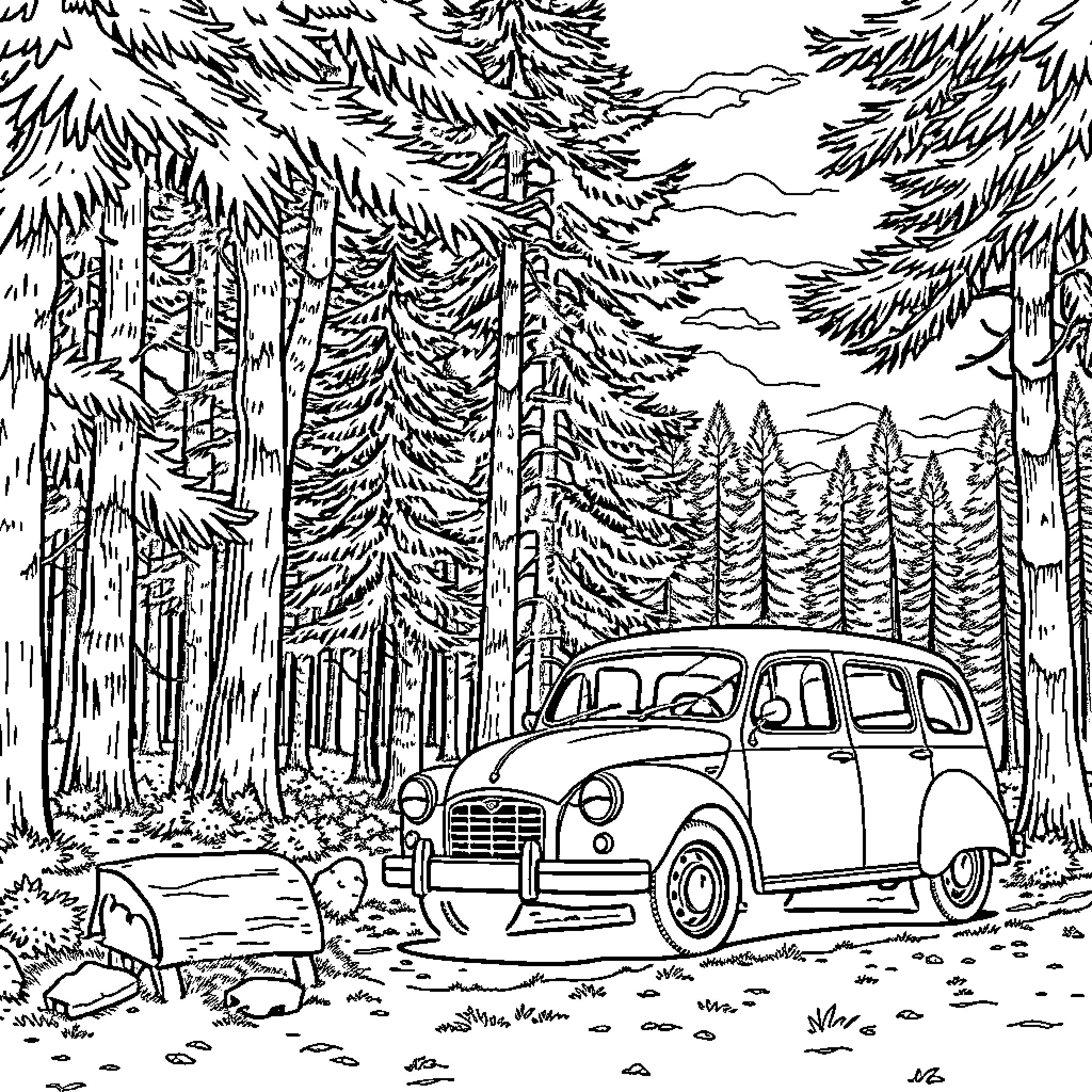 Car parked in scenic forest landscape Coloring Page (free black-and-white line drawing printable PDF for all, from beginners to advanced learners, including children, teens, adults, and seniors)