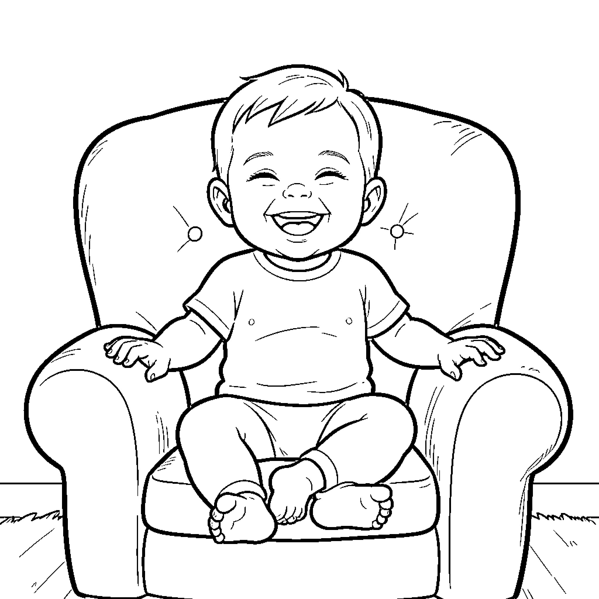 Baby sitting happily in a large armchair Coloring Page (free black-and-white line drawing printable PDF for all, from beginners to advanced learners, including children, teens, adults, and seniors)