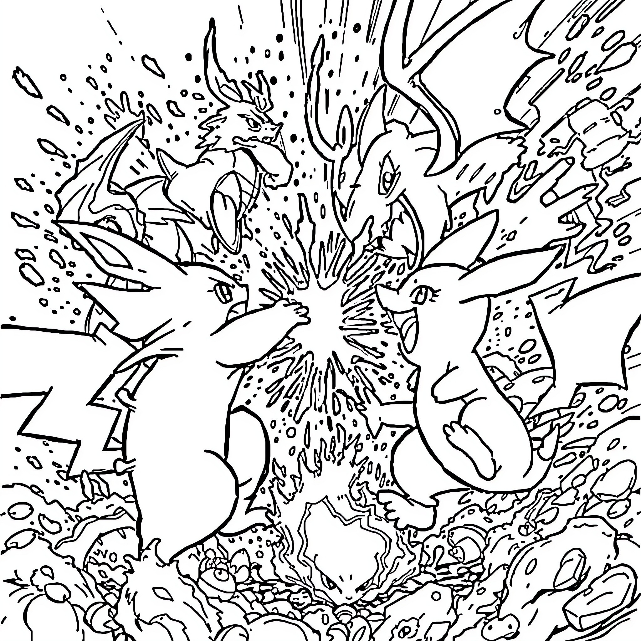 Pokémon chaotic battle scene with explosive effects Coloring Page (free black-and-white line drawing printable PDF for all, from beginners to advanced learners, including children, teens, adults, and seniors)