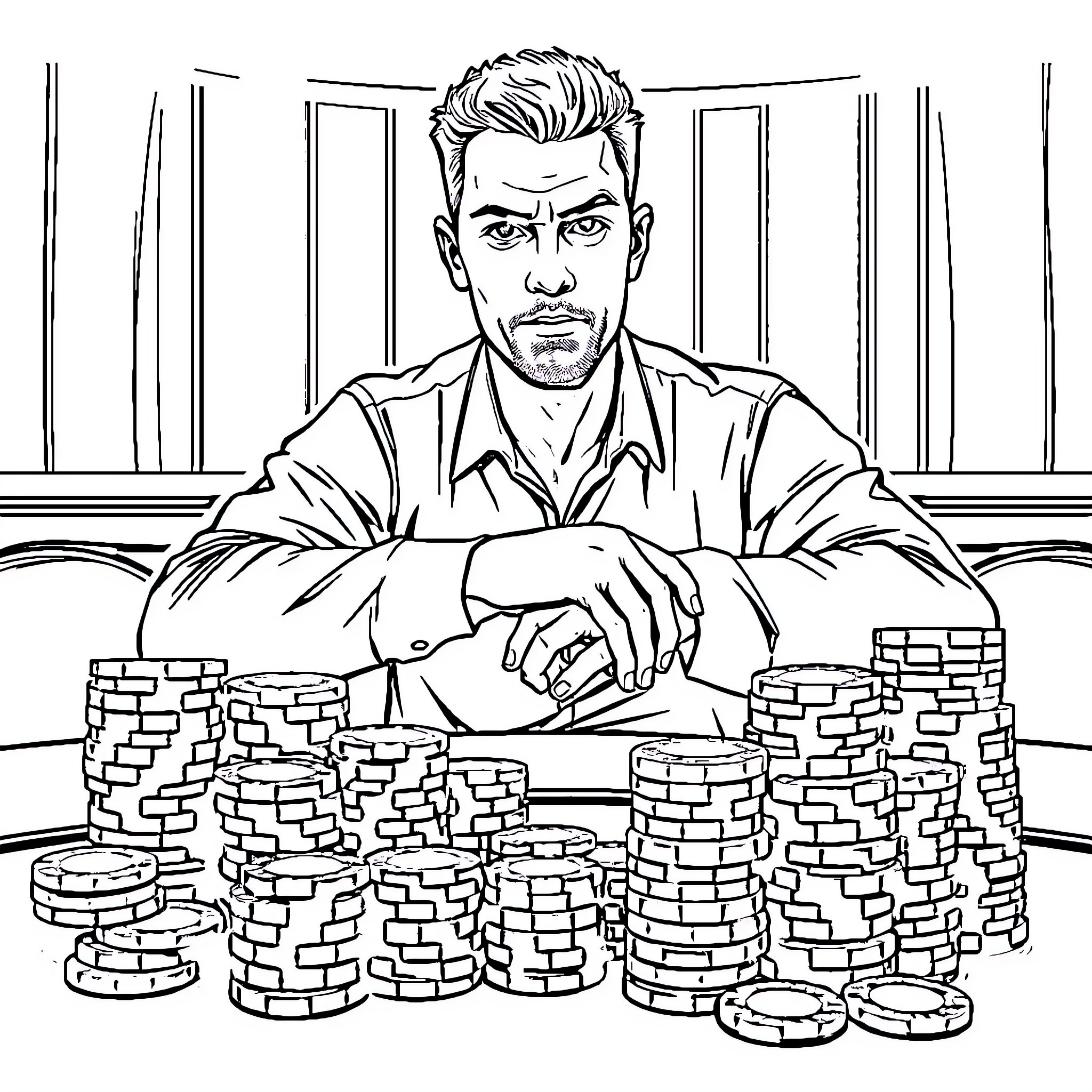 Poker Player Focused on the Game Coloring Page (free black-and-white line drawing printable PDF for all, from beginners to advanced learners, including children, teens, adults, and seniors)