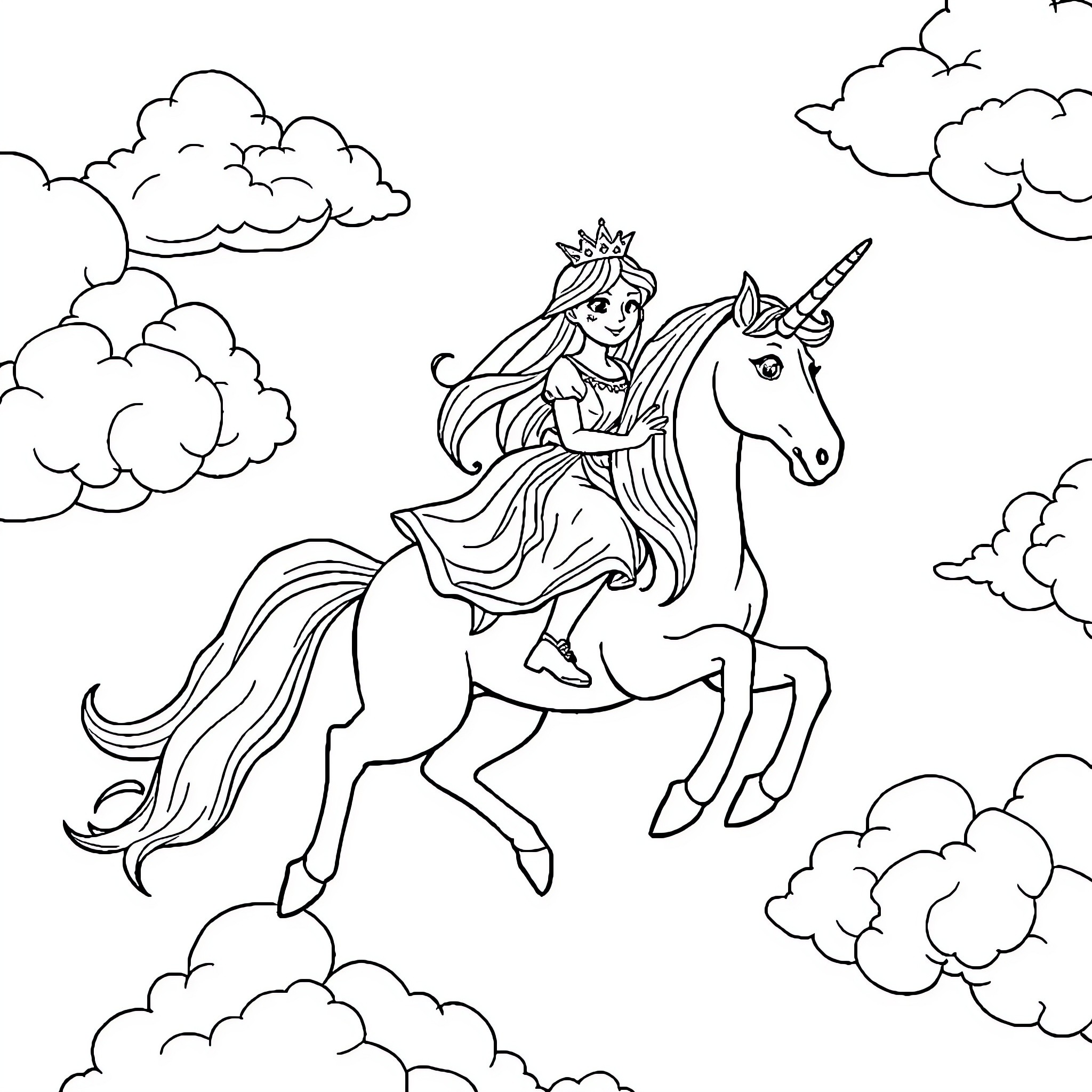 Princess Riding Majestic Unicorn in the Sky Coloring Page (free black-and-white line drawing printable PDF for all, from beginners to advanced learners, including children, teens, adults, and seniors)