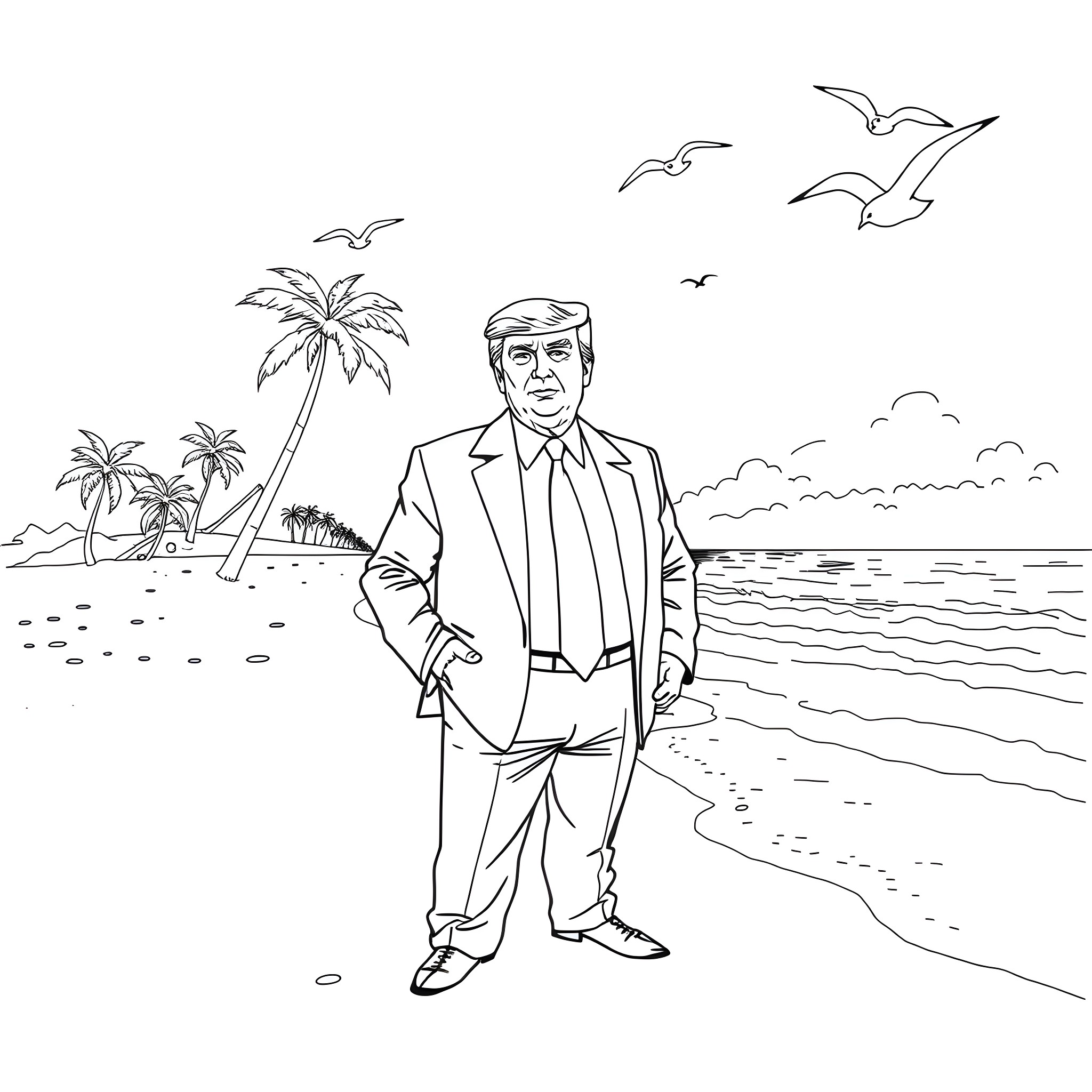 Donald Trump standing on a beach with palm trees Coloring Page (free black-and-white line drawing printable PDF for all, from beginners to advanced learners, including children, teens, adults, and seniors)