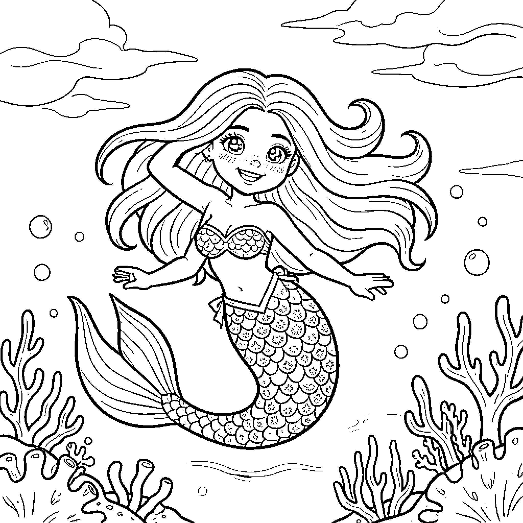 Mermaid Swimming Gracefully in the Ocean Coloring Page (free black-and-white line drawing printable PDF for all, from beginners to advanced learners, including children, teens, adults, and seniors)