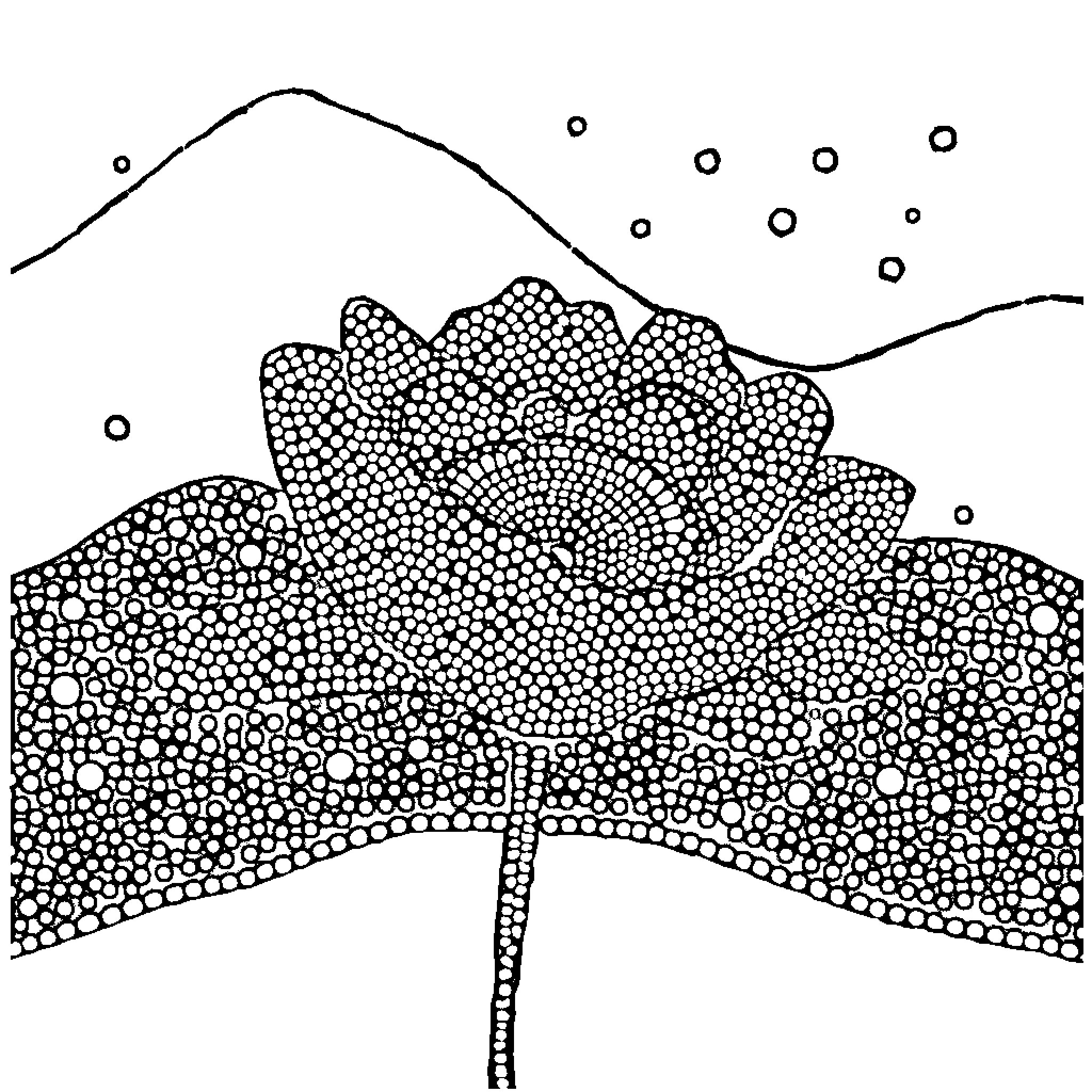 Dot Art Surreal Landscape with Detailed Foliage Coloring Page (free black-and-white line drawing printable PDF for all, from beginners to advanced learners, including children, teens, adults, and seniors)