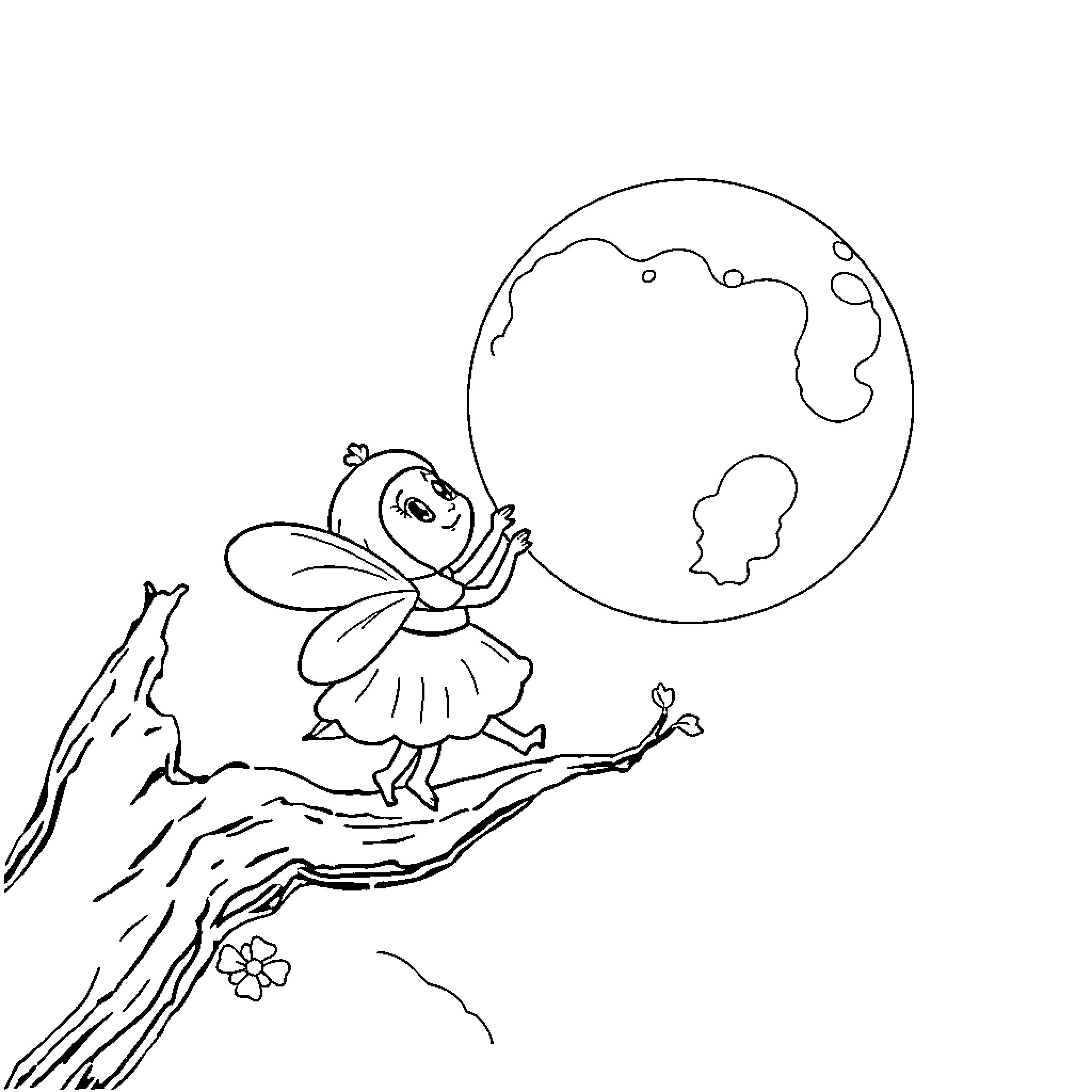 Maya Bee exploring the night under the moon Coloring Page (free black-and-white line drawing printable PDF for all, from beginners to advanced learners, including children, teens, adults, and seniors)
