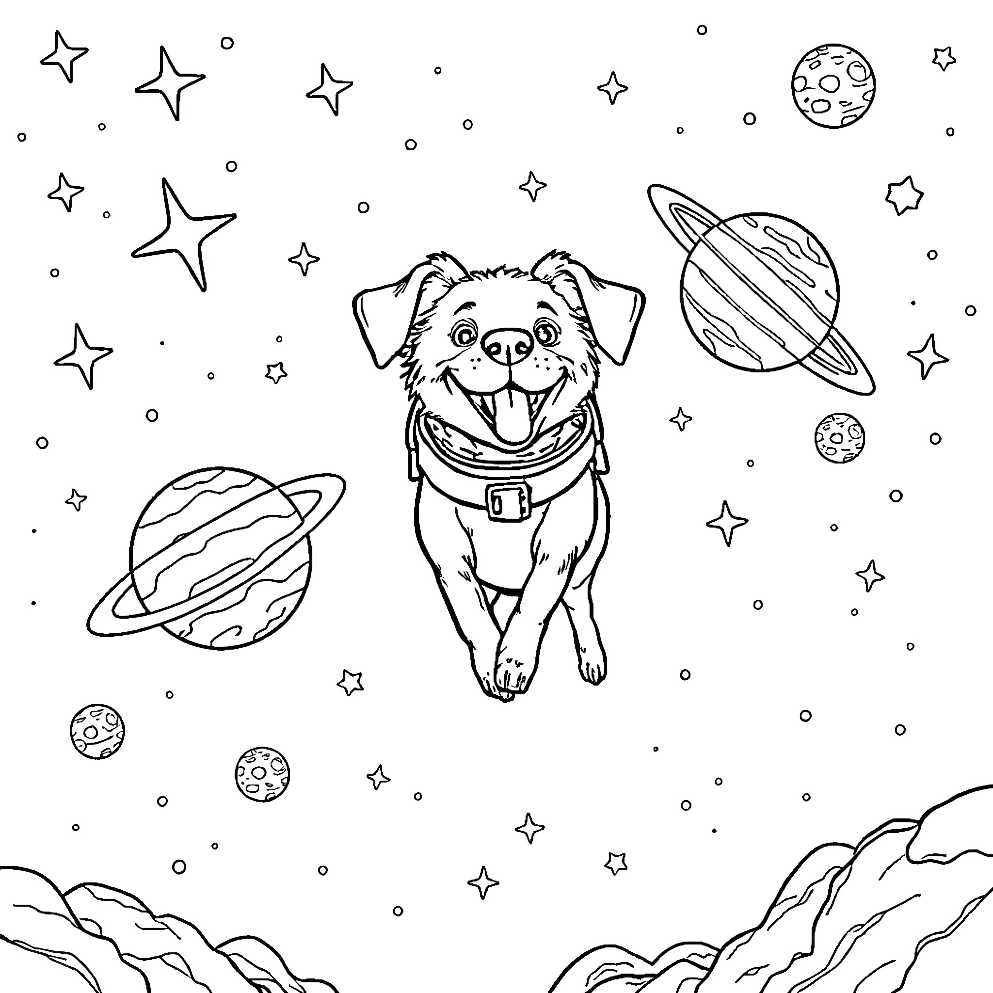 Dog playing in cosmic space Coloring Page (free black-and-white line drawing printable PDF for all, from beginners to advanced learners, including children, teens, adults, and seniors)